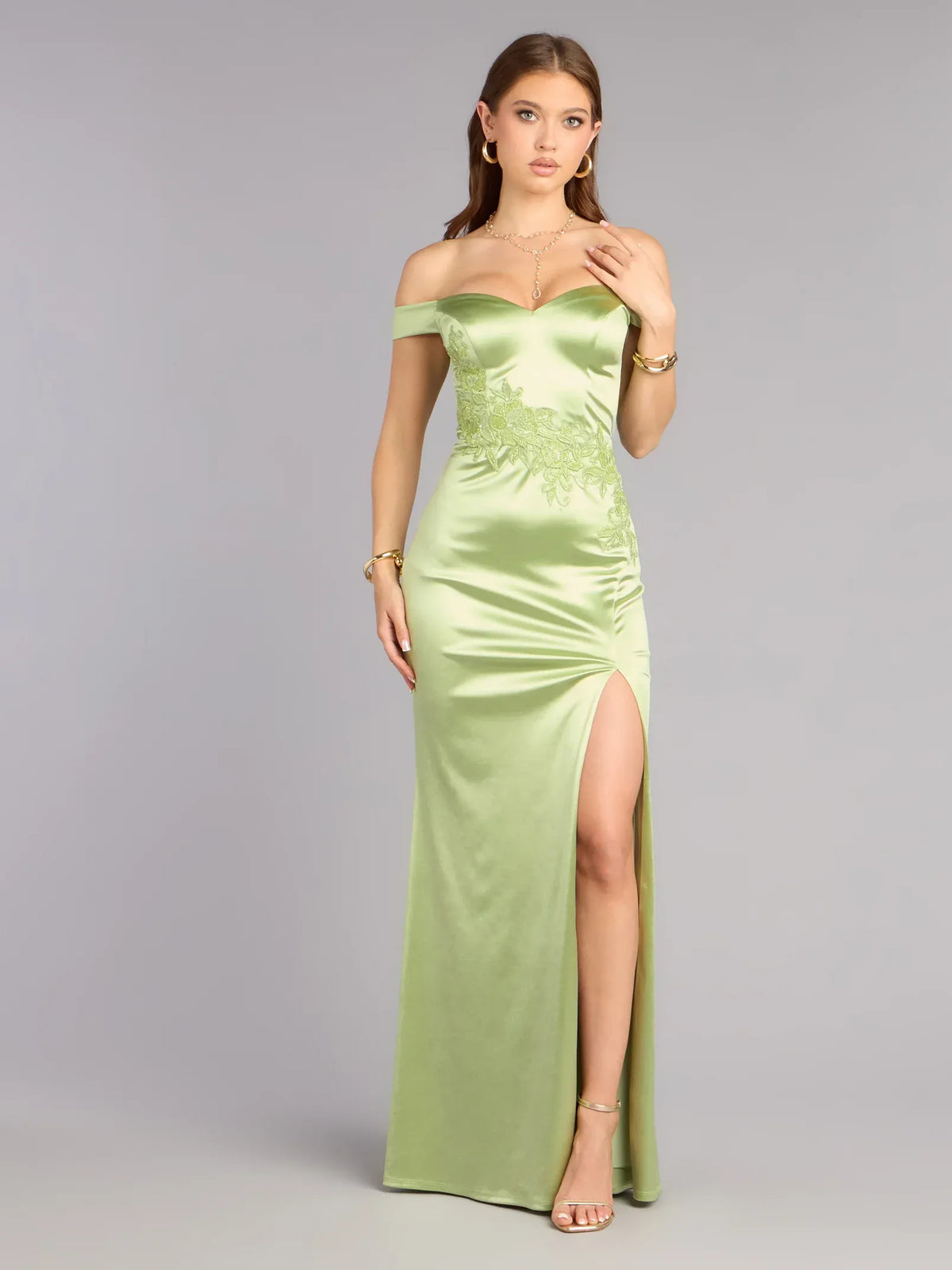 Sage Green Side-Slit Slit Off Shoulder Mermaid Maxi Satin Prom Dress for Formal Dance