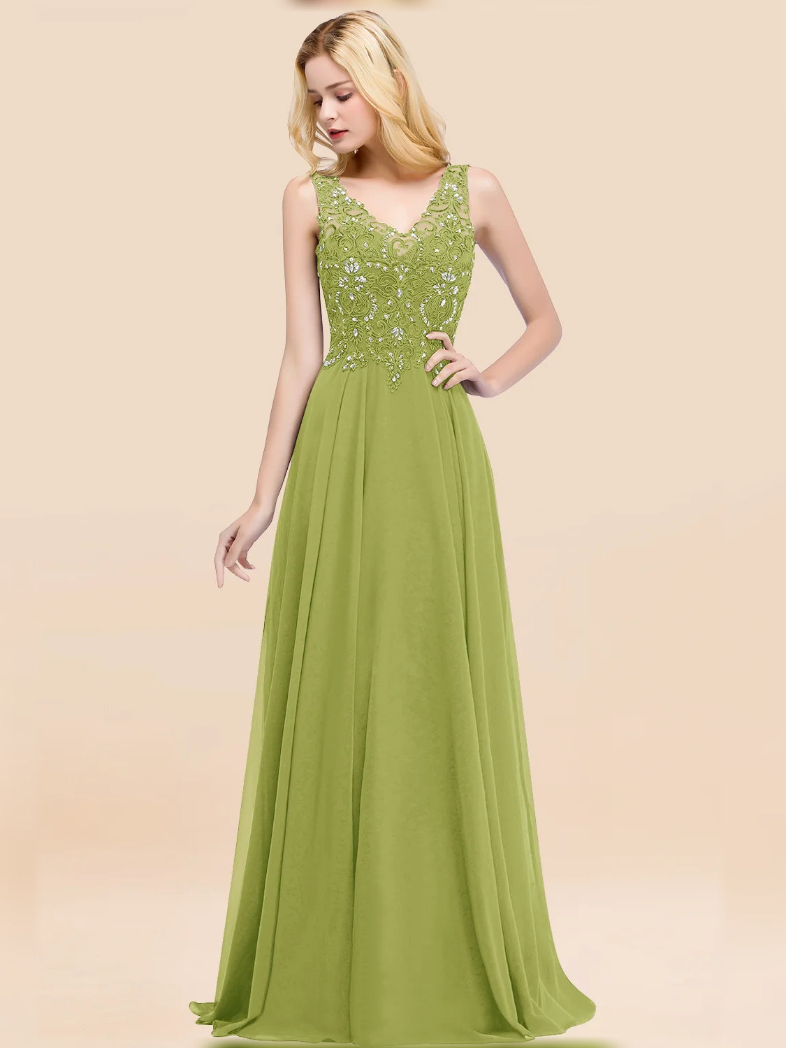 V Neck A-Line Floor-Length Chiffon Bridesmaid Dress for Formal Wedding