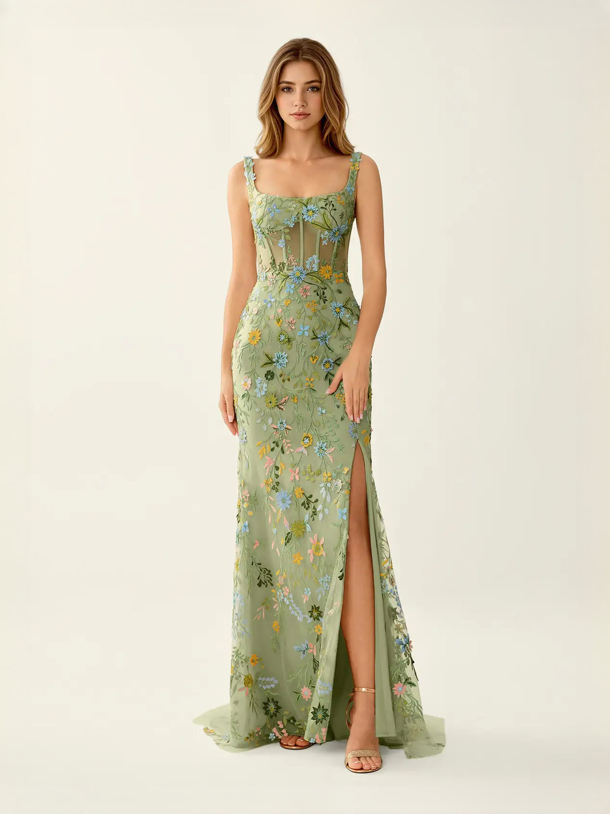 Corset Embroidered Floral Slit Square Neck Mermaid Maxi Tulle Prom Dress for Evening Ceremony