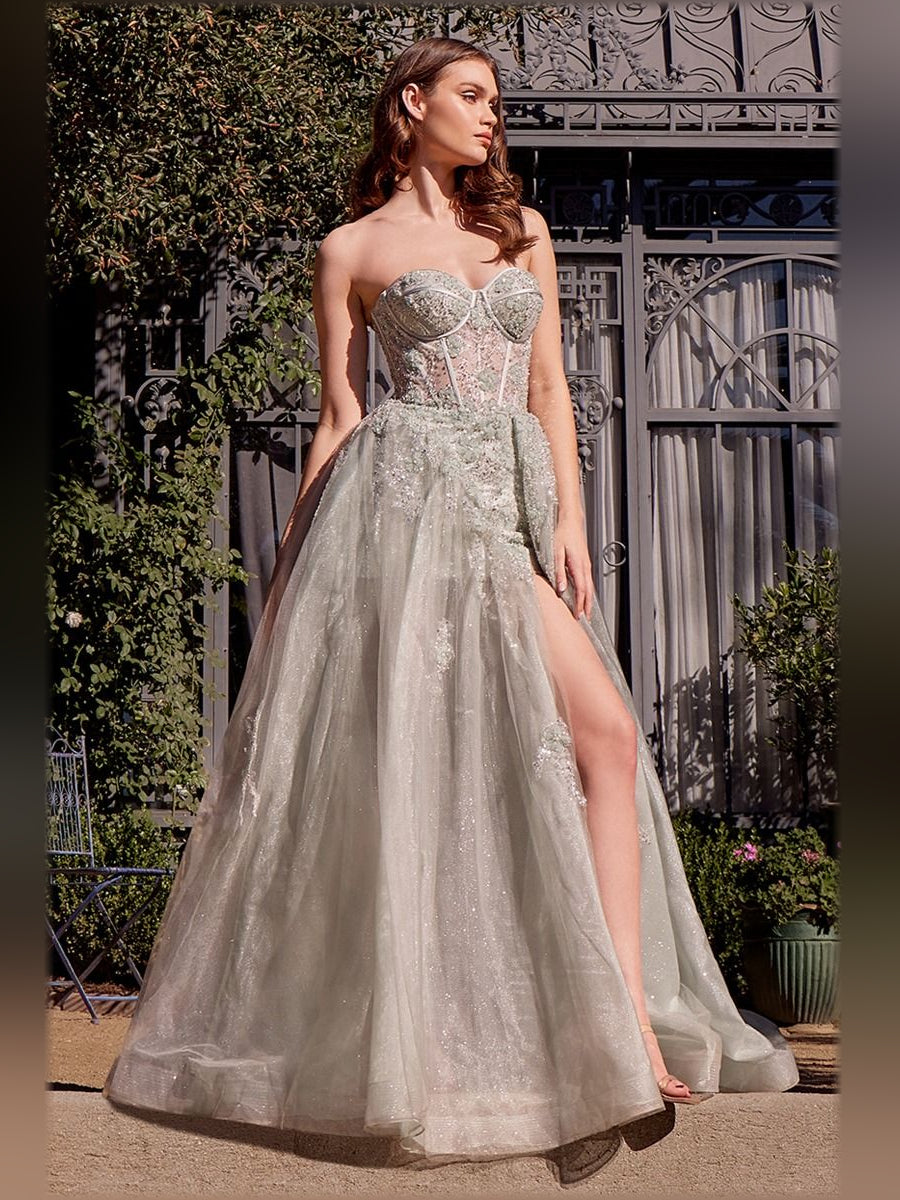Strapless Corset Slit Floor-Length Pale Formal Dress