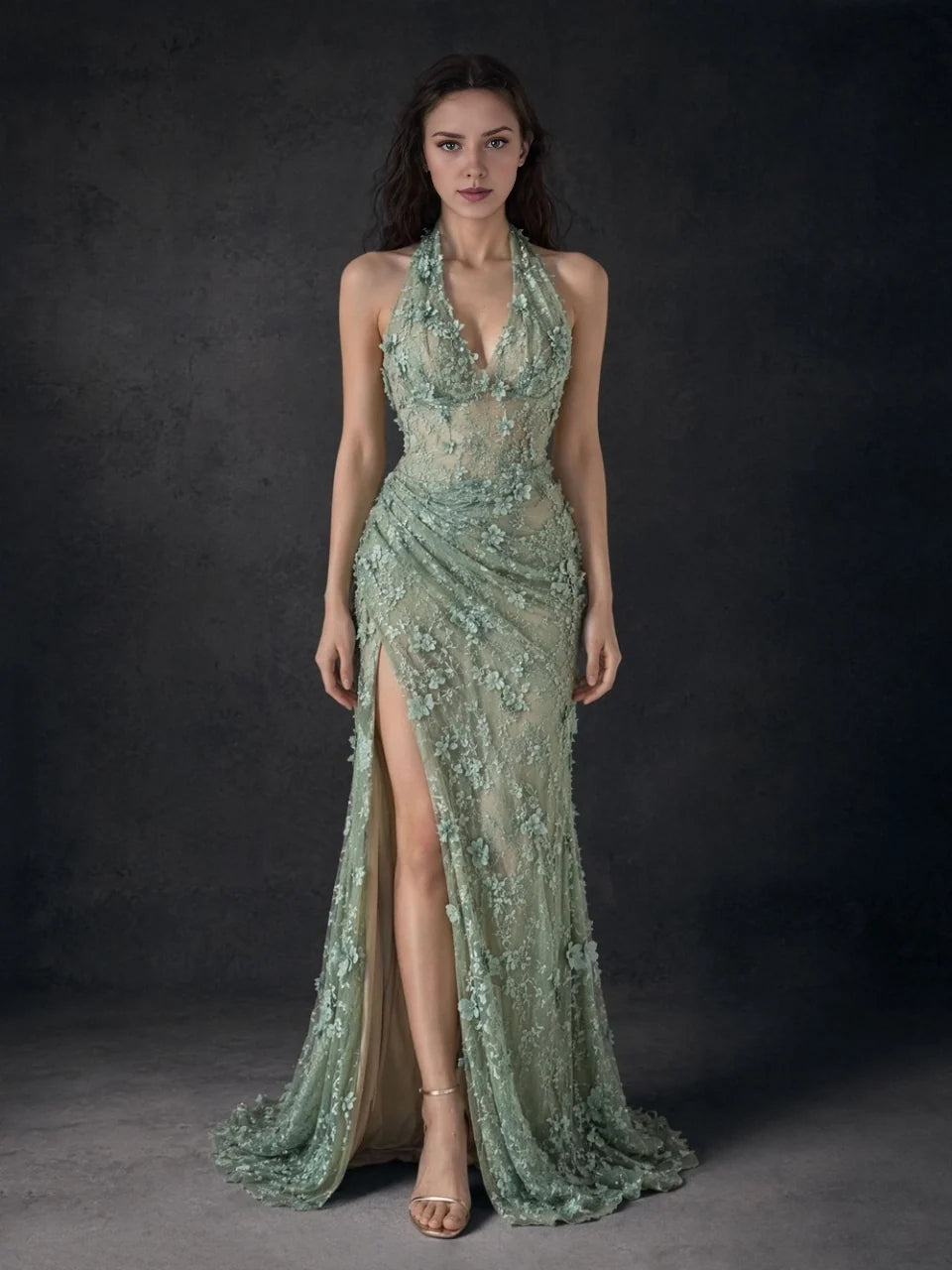Floral Print Halter Neck Ruching Floor-Length Formal Dress