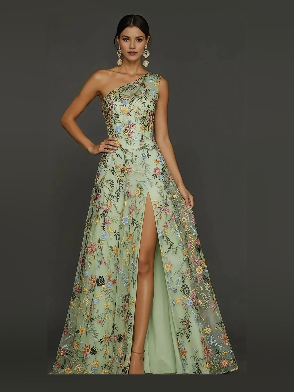 Side-Slit Layered Floral Slit One Shoulder A-Line Maxi Tulle Prom Dress for Celebration Dinner