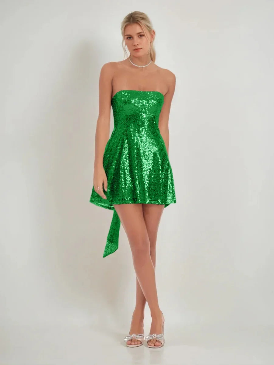 Bow Sequin Strapless A-Line Mini Homecoming Dress for Prom Night