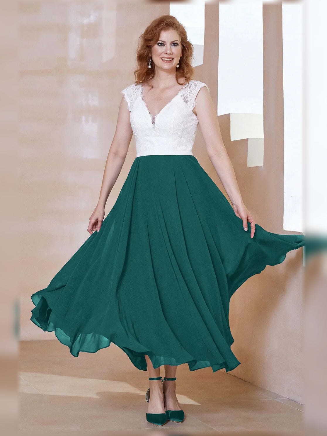 V Neck A-Line Midi Chiffon Mother of the Bride Dress for Ceremony Dinner
