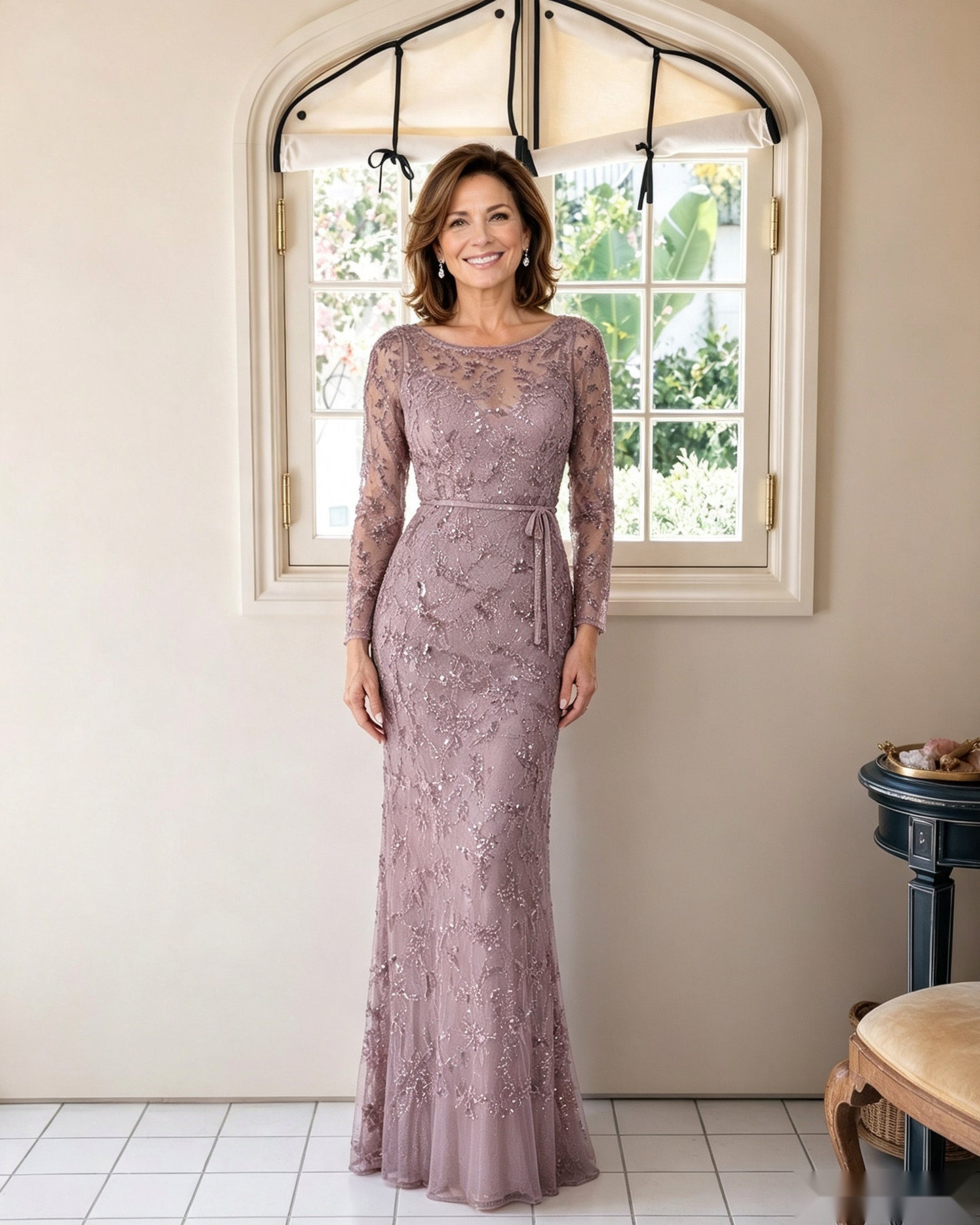 Illusion Lace Long Sleeve Sheath Mother of the Bride Dress