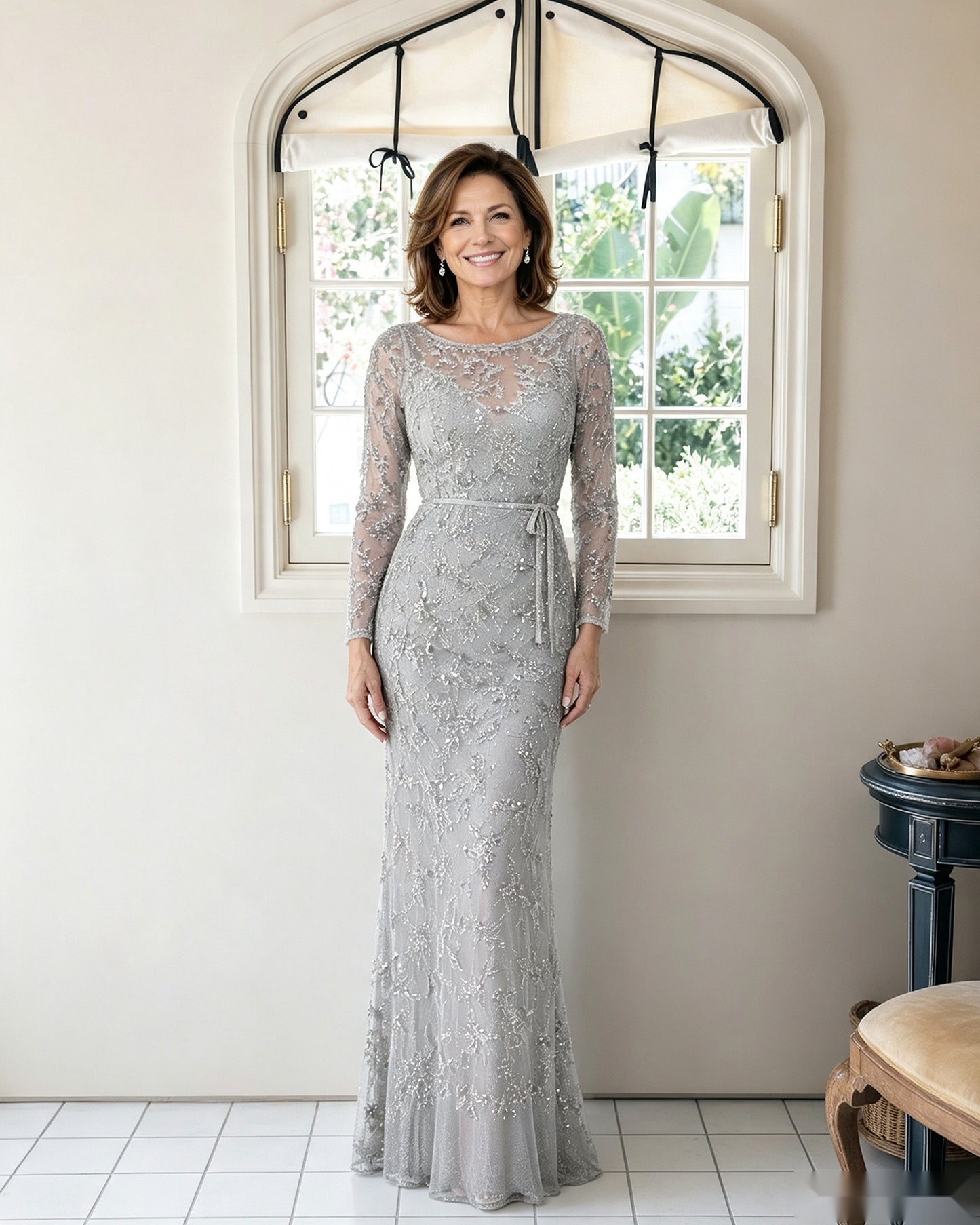 Illusion Lace Long Sleeve Sheath Mother of the Bride Dress