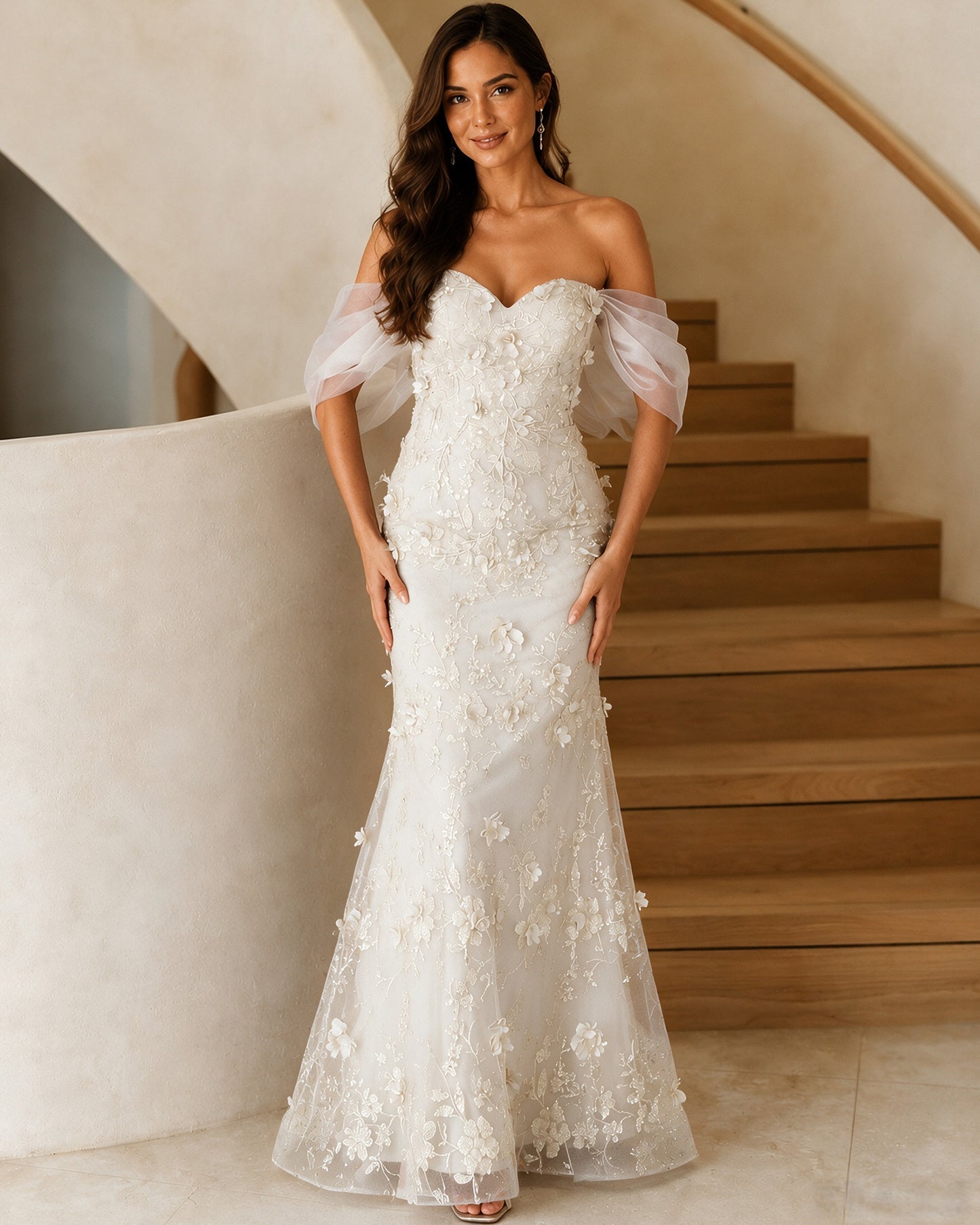 Off-Shoulder 3D Floral Lace Mermaid Prom Dress with Sweetheart Neckline