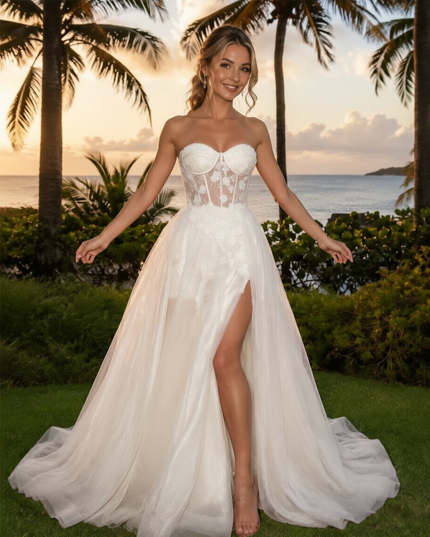 Strapless Floral Applique Tulle A-Line Prom Dress with Corset Bodice and Slit