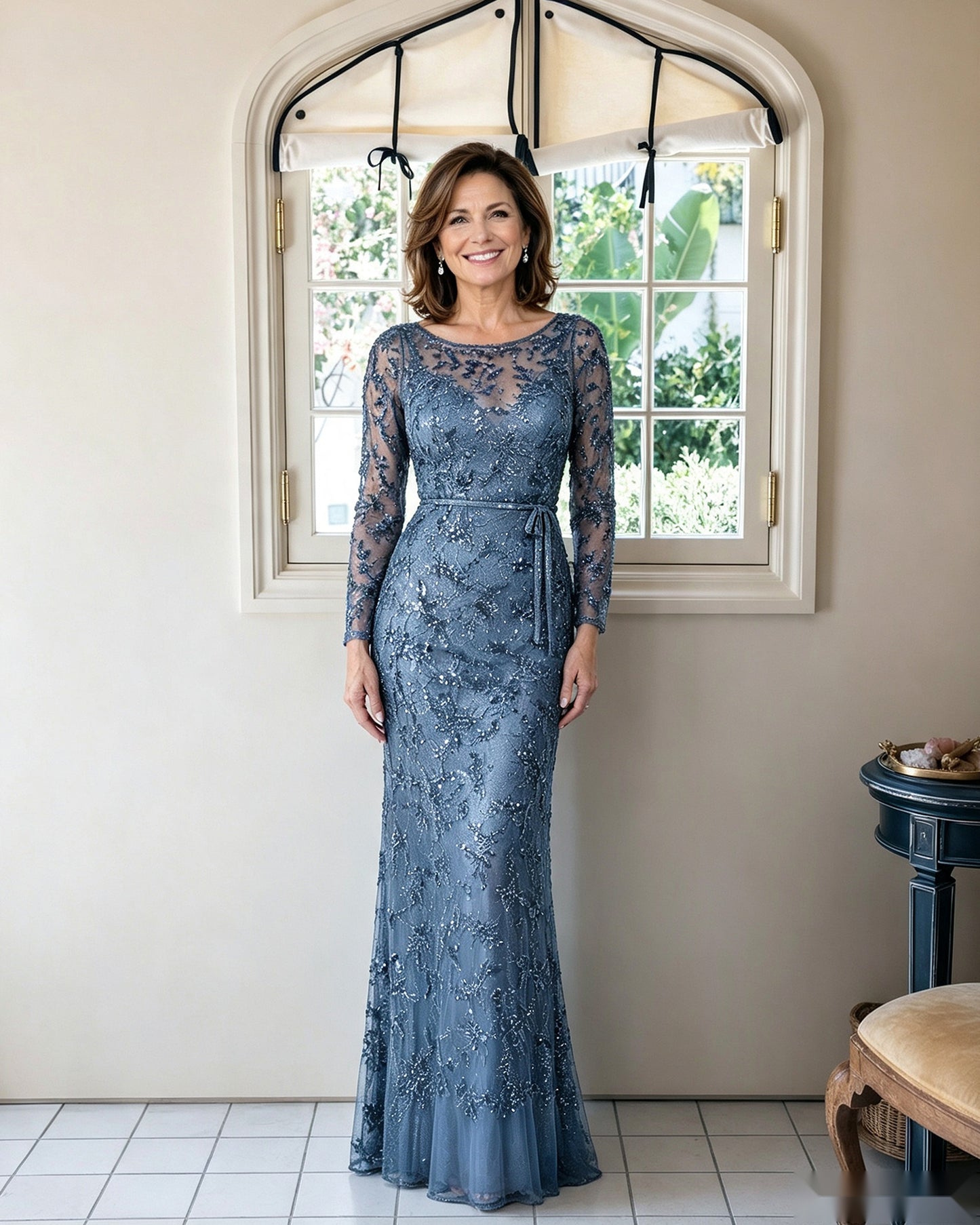 Illusion Lace Long Sleeve Sheath Mother of the Bride Dress