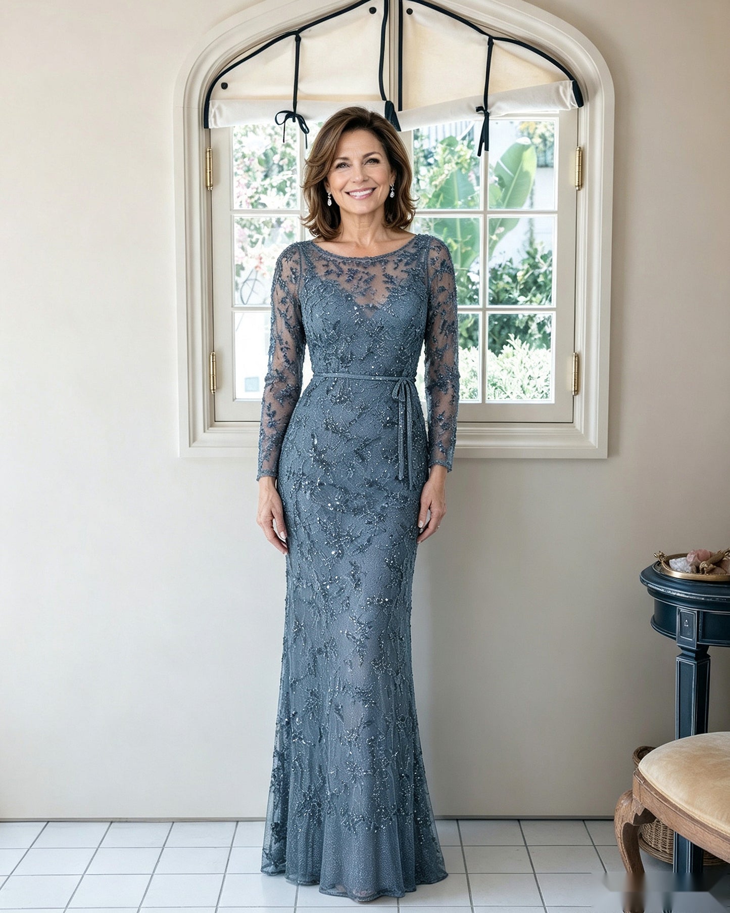 Illusion Lace Long Sleeve Sheath Mother of the Bride Dress
