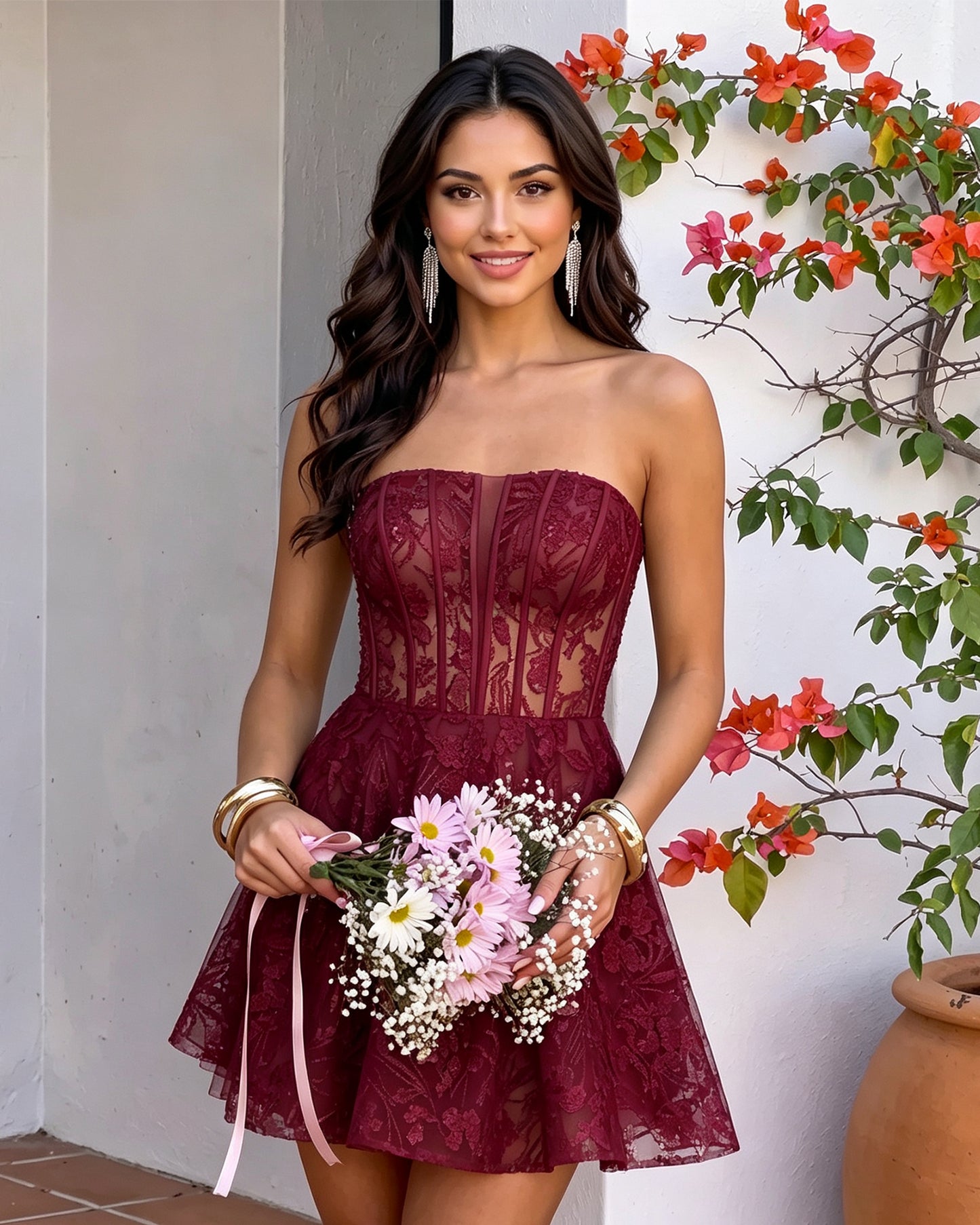 Strapless Floral Lace Corset A-Line Mini Homecoming Dress