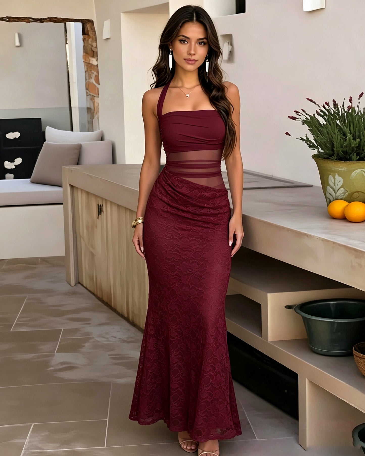 Square Neck Two Piece Lace Mermaid Formal Dress with Tie Straps