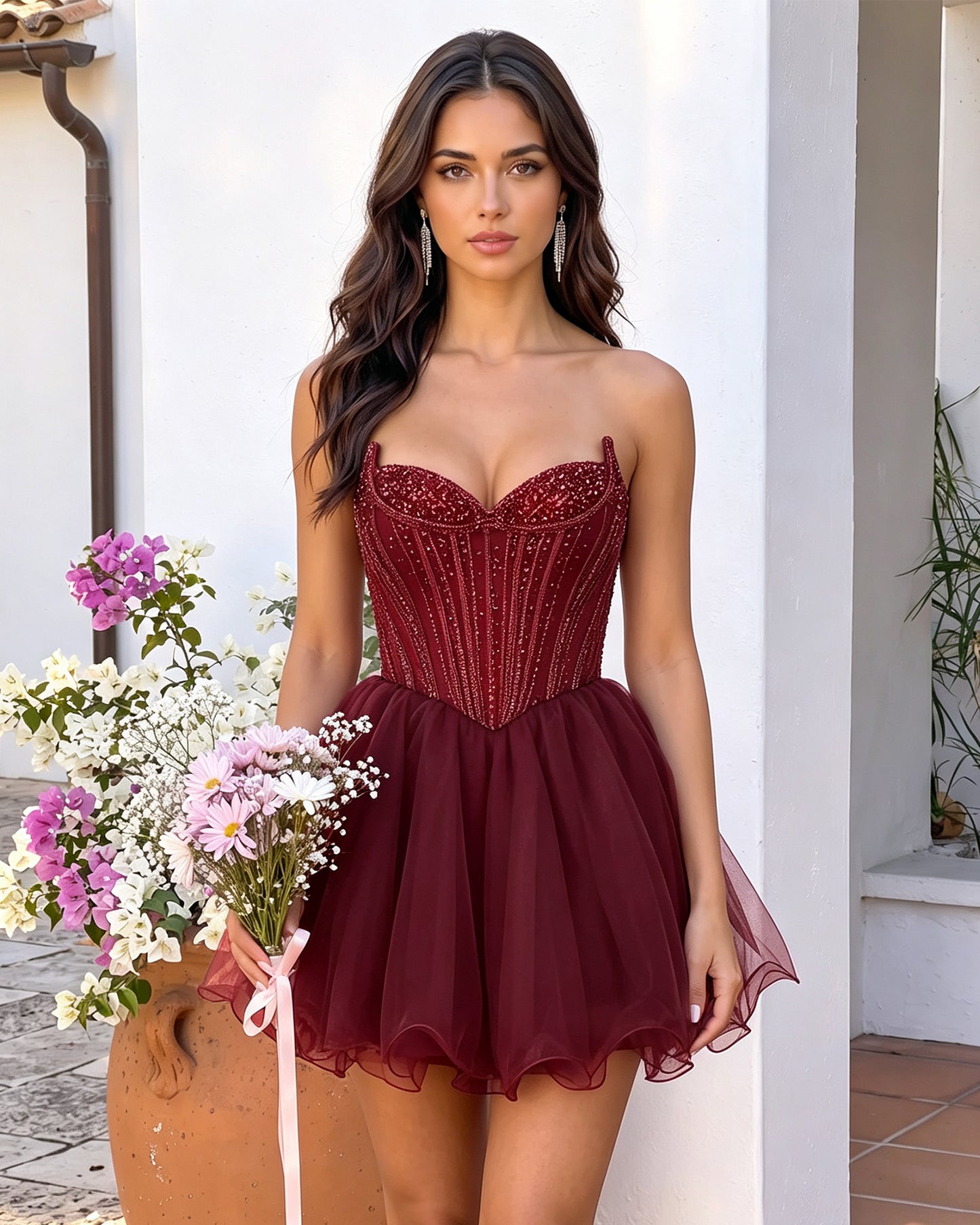 Strapless Sweetheart Beaded Corset Tulle A-Line Mini Homecoming Dress