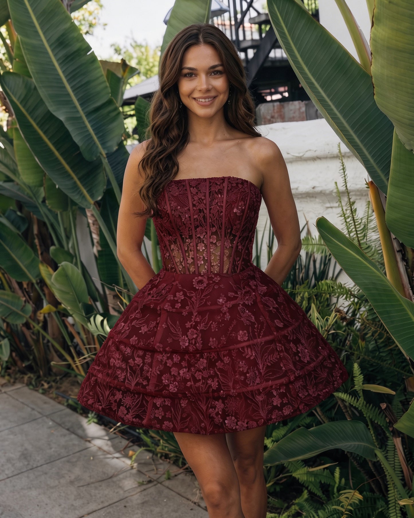 Strapless Floral Embroidered Corset Tiered A-Line Mini Homecoming Dress