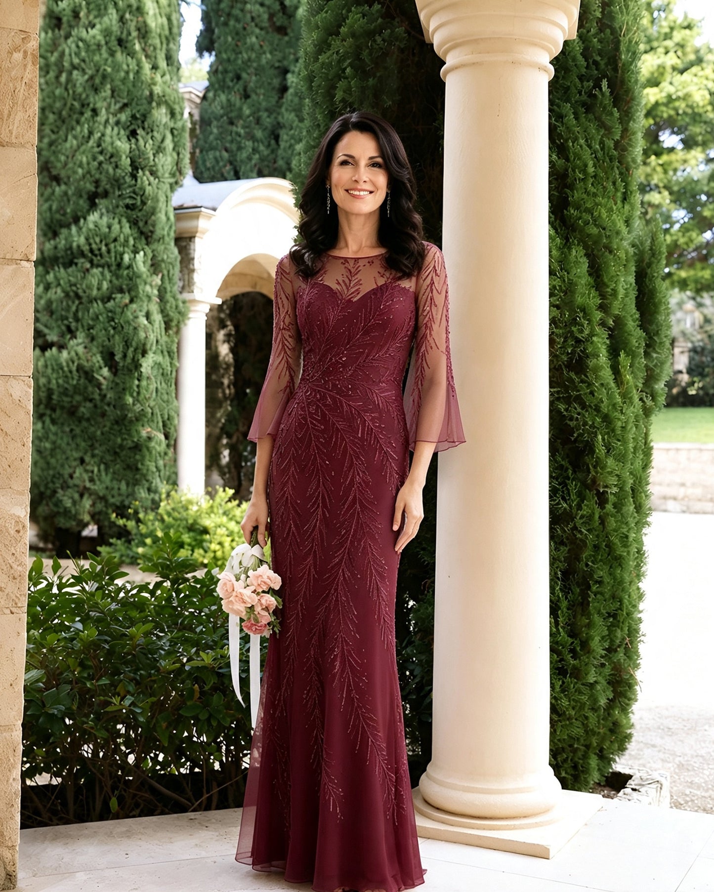 Beaded Illusion Neck Mother of the Bride Dress with Bell Sleeves