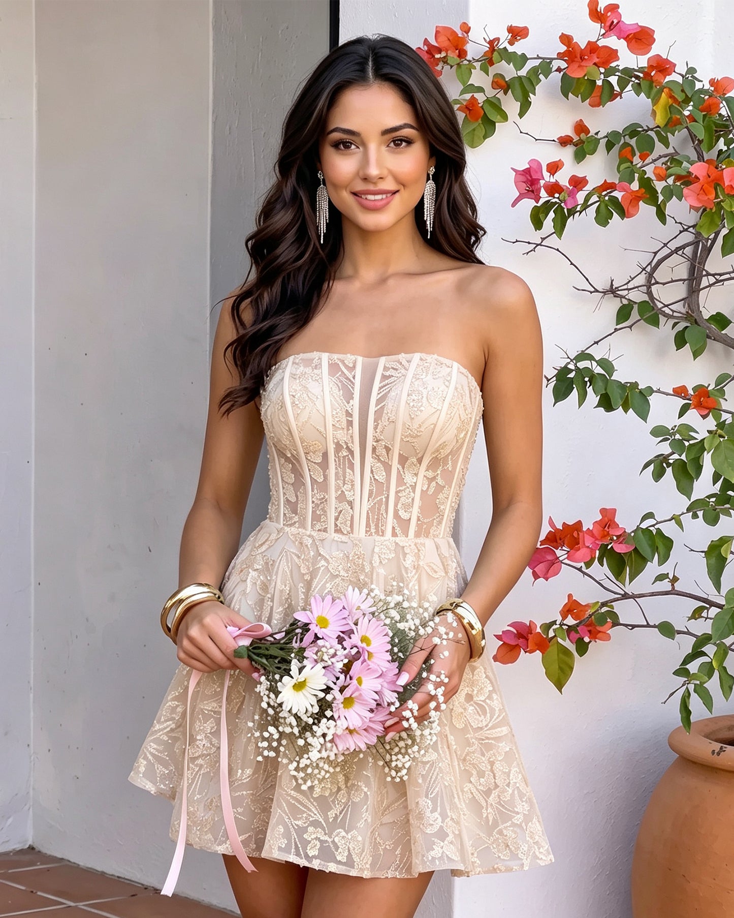 Strapless Floral Lace Corset A-Line Mini Homecoming Dress