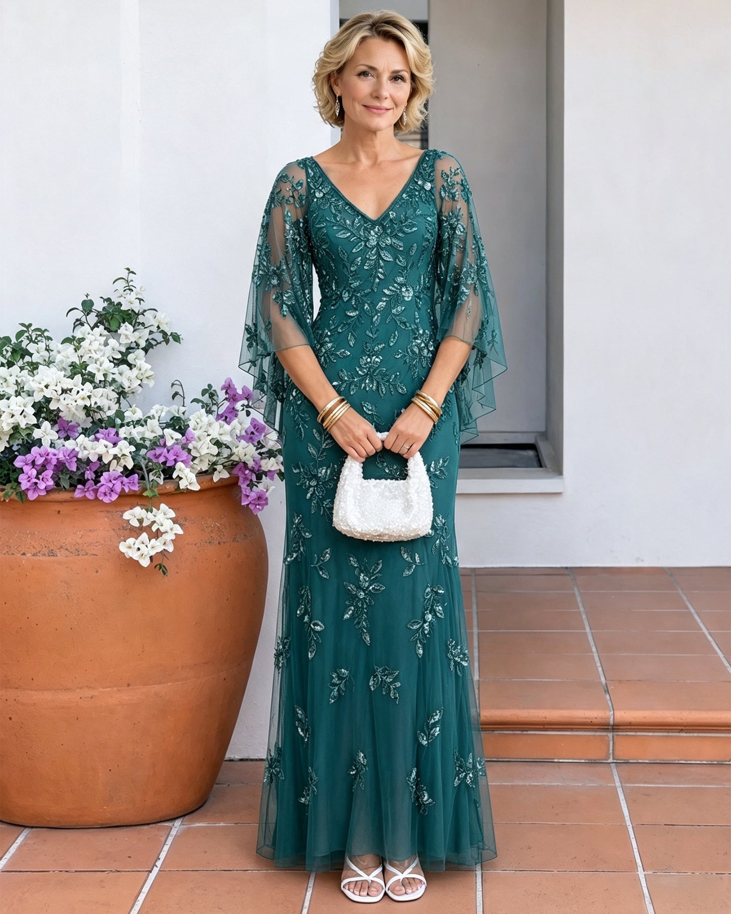 V-Neck Floral Sequin Mother of the Bride Dress with Cape Sleeves