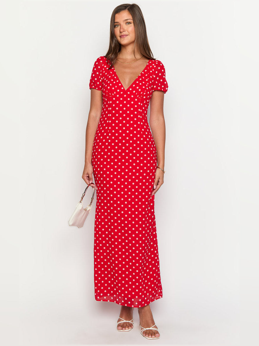 Red Polka Dot V Neck Puff Sleeves Sheath Maxi Formal Dress