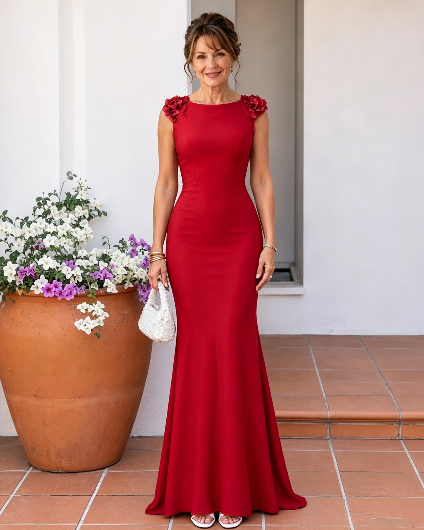 Floral Shoulder Mermaid Mother of the Bride Dress with Cowl Back