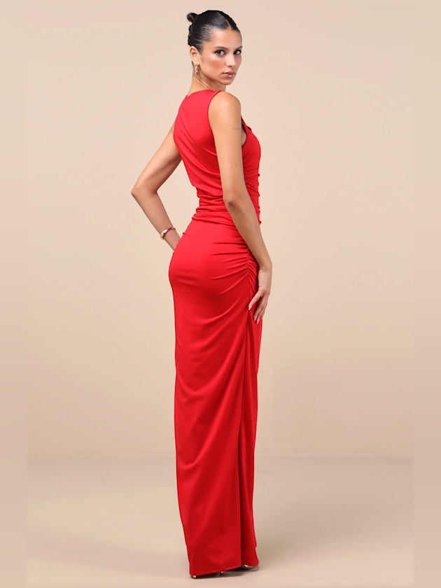 Red One-Shoulder Ruching Slit Maxi Formal Dress