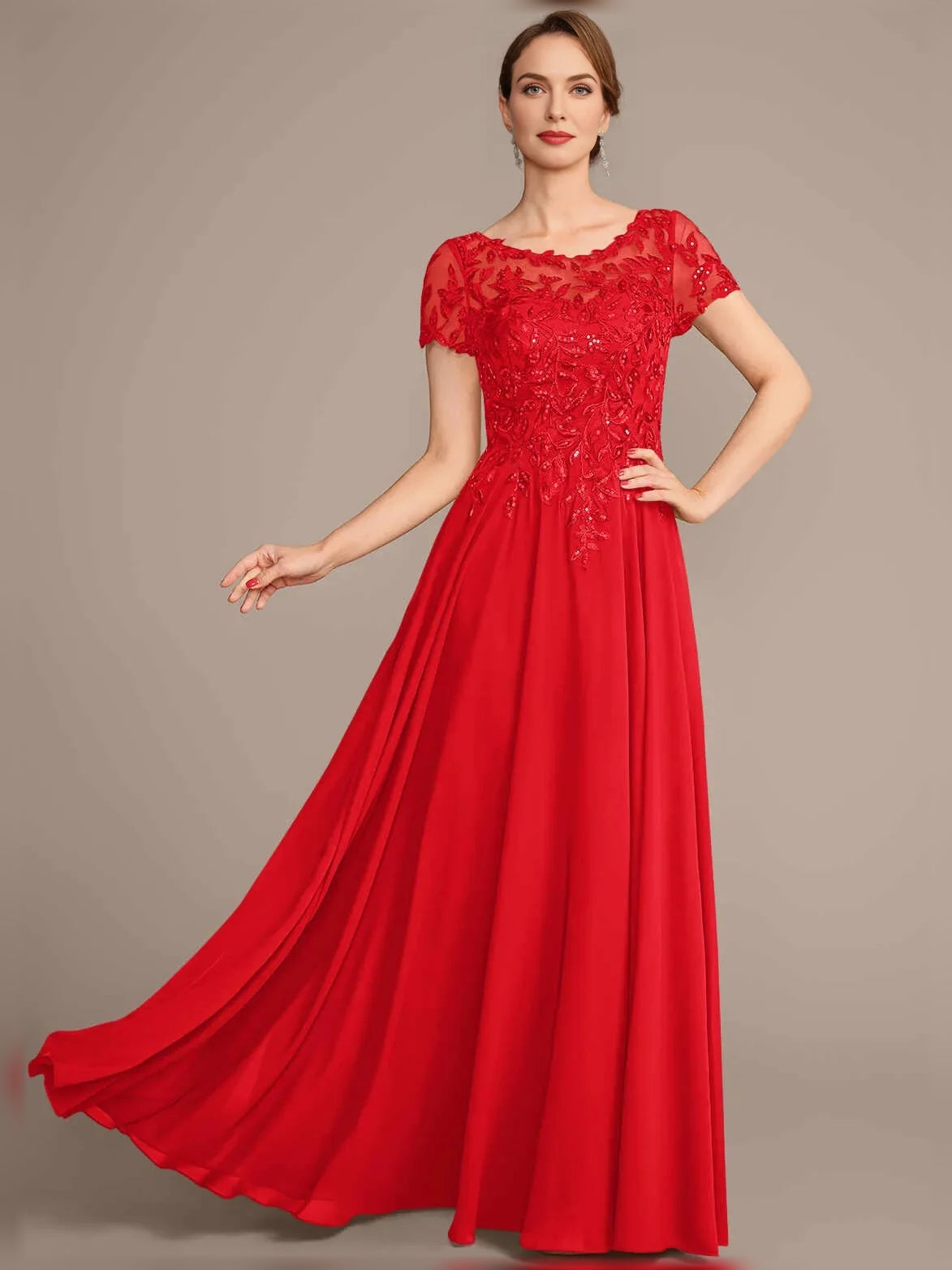 Pleated Sequin Illusion Neck A-Line Short Chiffon Mother of the Bride Dress for Wedding Ceremony