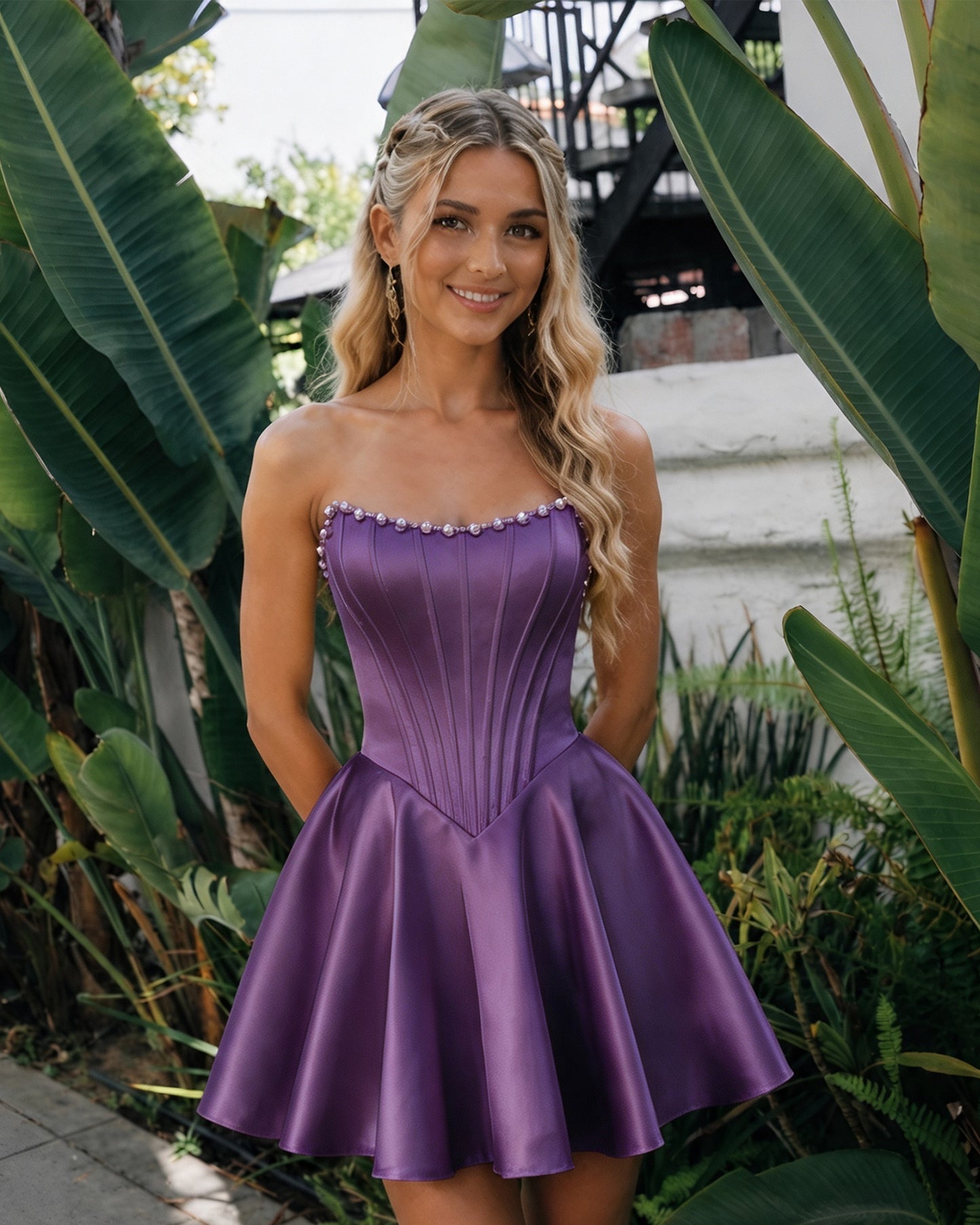 Strapless Pearl Trim Satin Corset Homecoming Dress