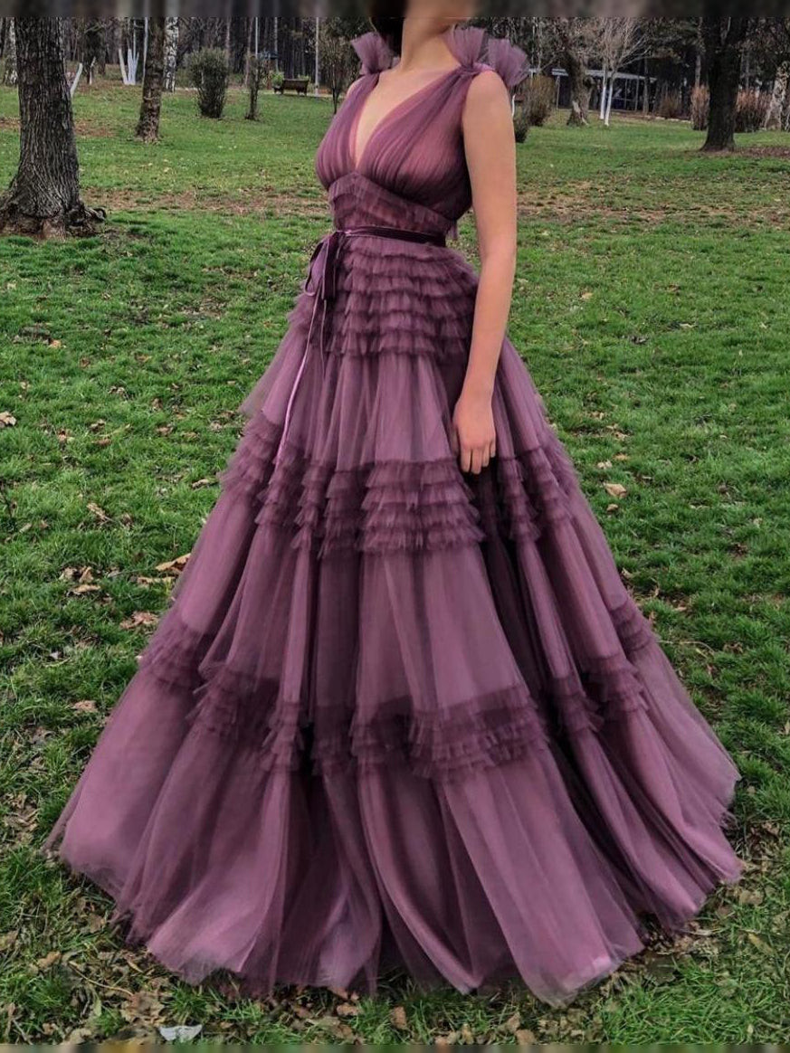 Plum Tiered Ruffled V Neck A-Line Maxi Tulle Prom Dress for Prom Night