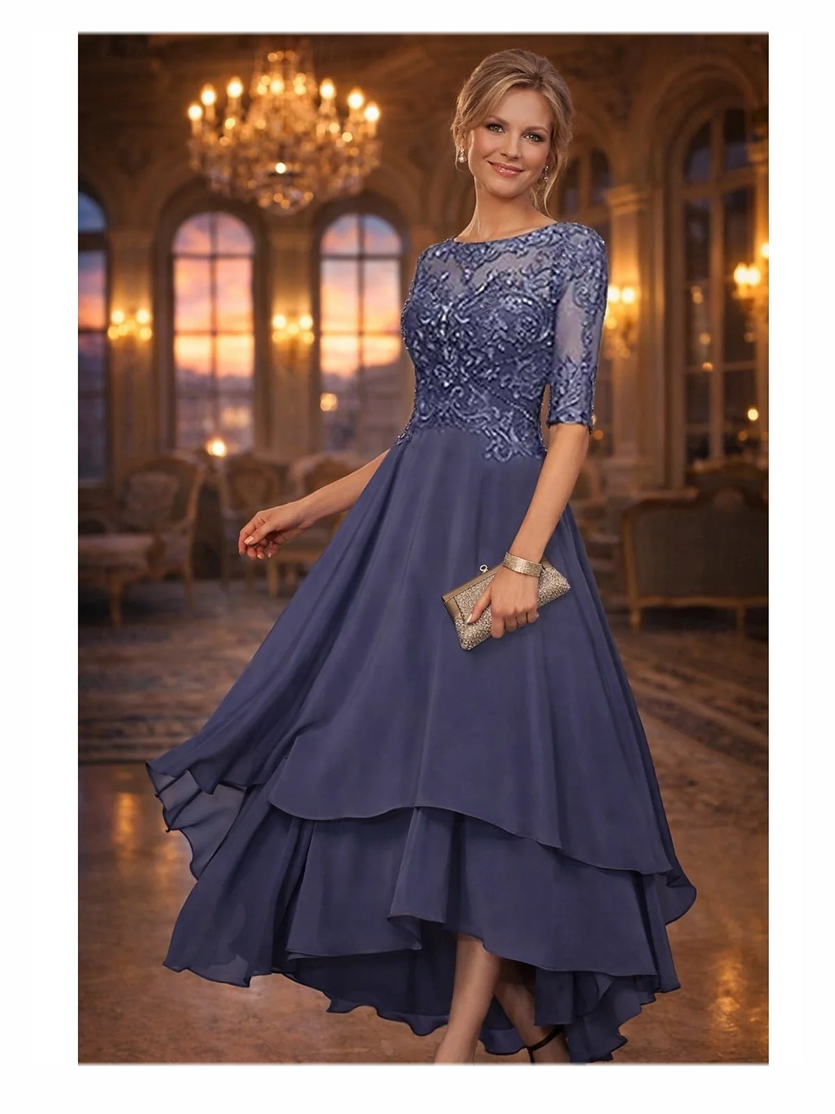 Layered Embroidered Floral A-Line High-Low Chiffon Mother of the Bride Dress for Ballroom Reception