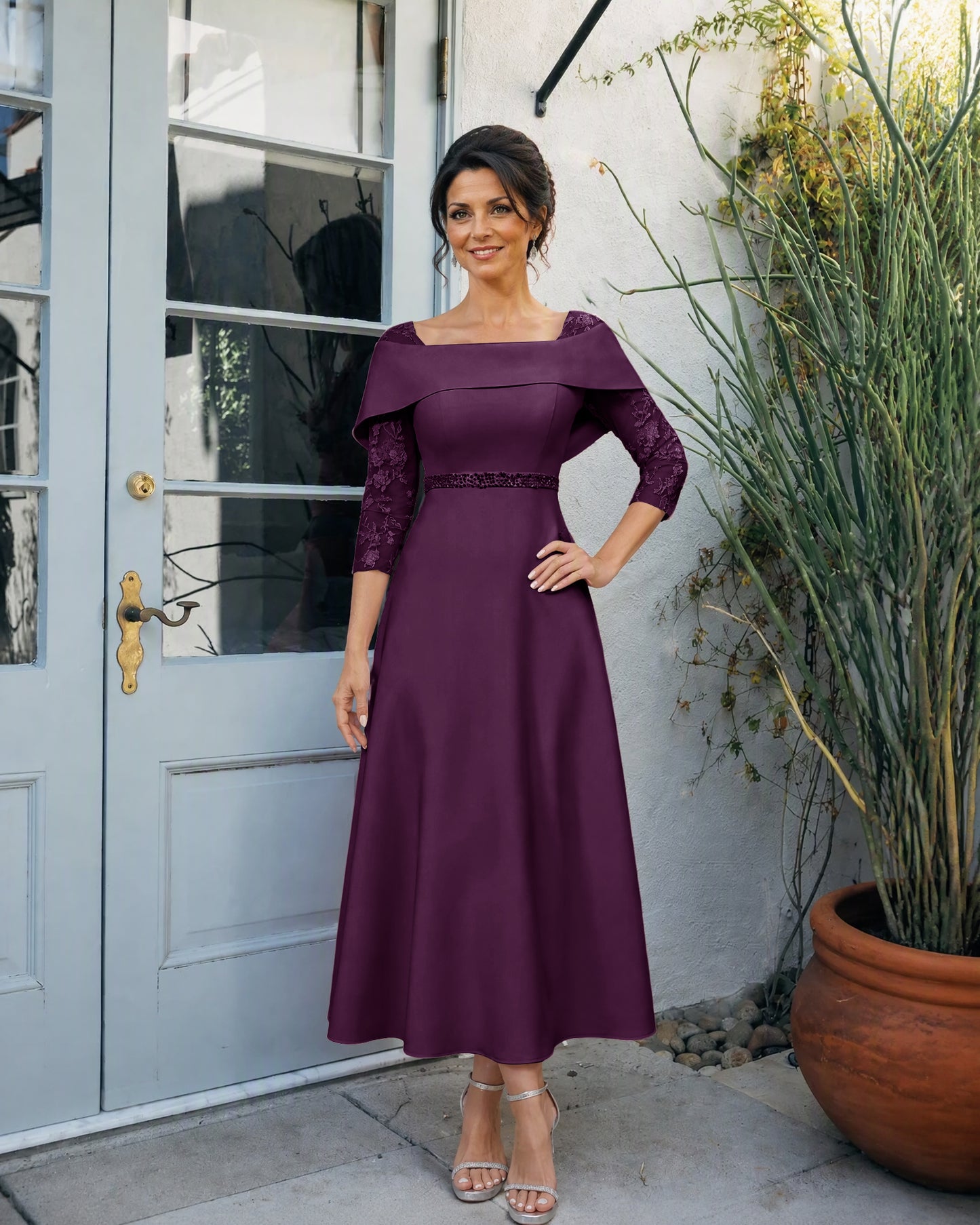 Off-Shoulder Tea-Length A-Line Mother of the Bride Dress with Lace Sleeves