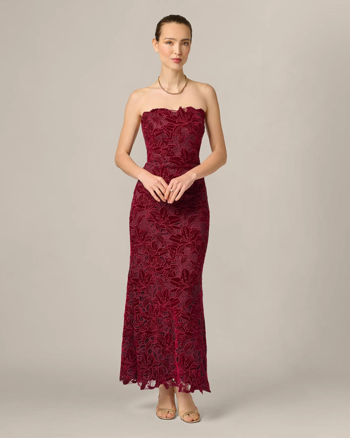 Floral Print Lace Detail Strapless A-Line Maxi Mother of the Bride Dress for Seaside Wedding