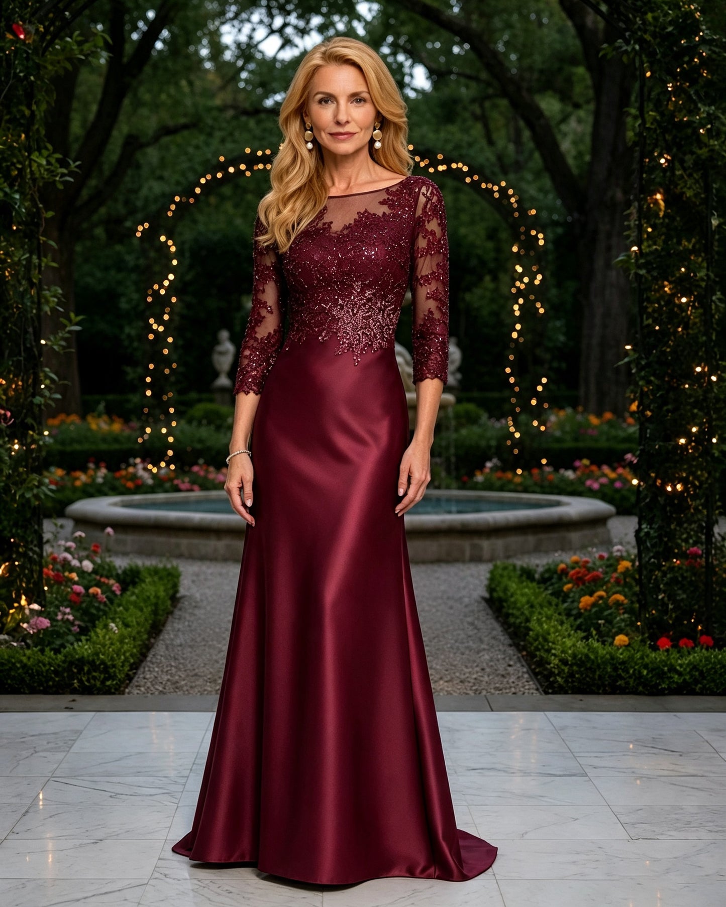 Illusion Lace and Satin Mother of the Bride Dress with Beaded Bodice