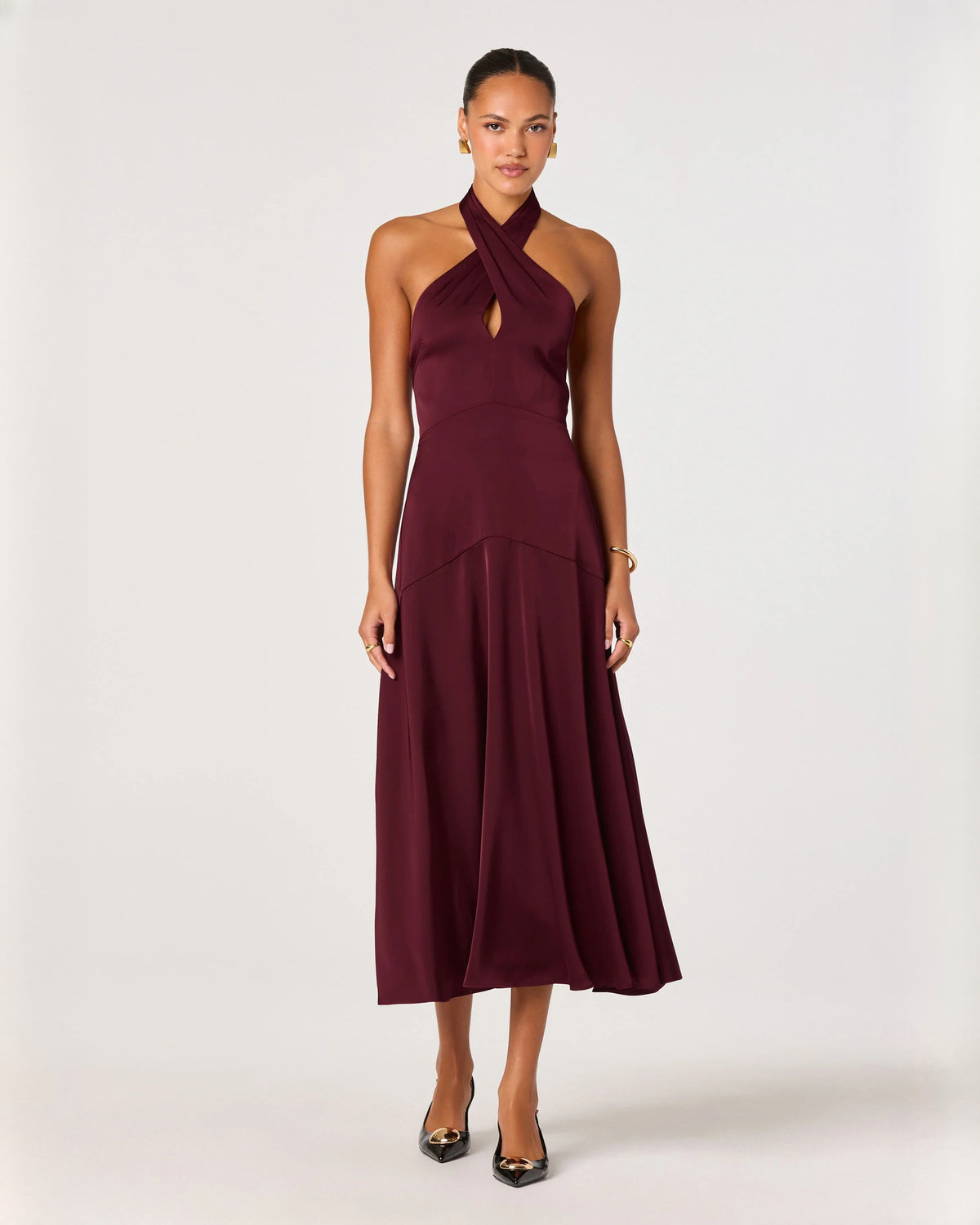 Refined Bridal Celebration Halter Neck Structured Satin A-Line Midi Bridesmaid Dress
