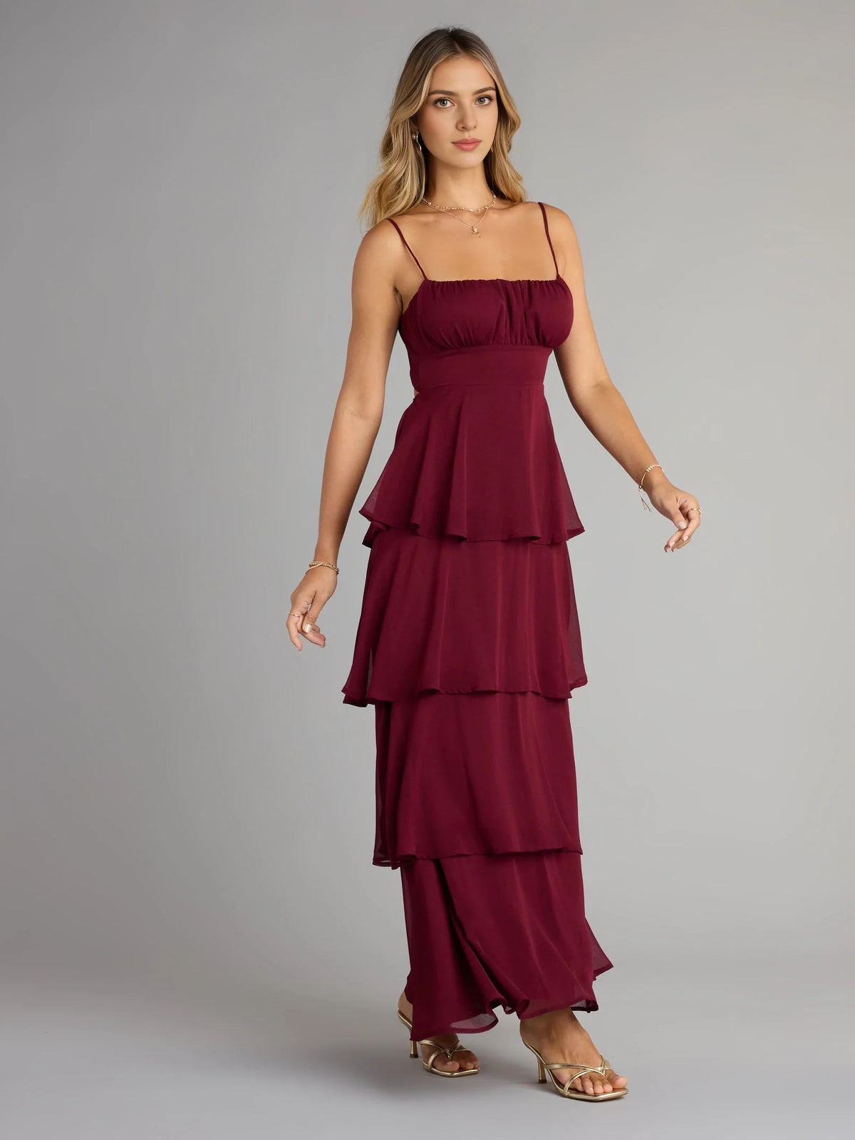 Draped Tiered Ruffled Square Neck A-Line Floor-Length Chiffon Prom Dress for Celebration Dinner