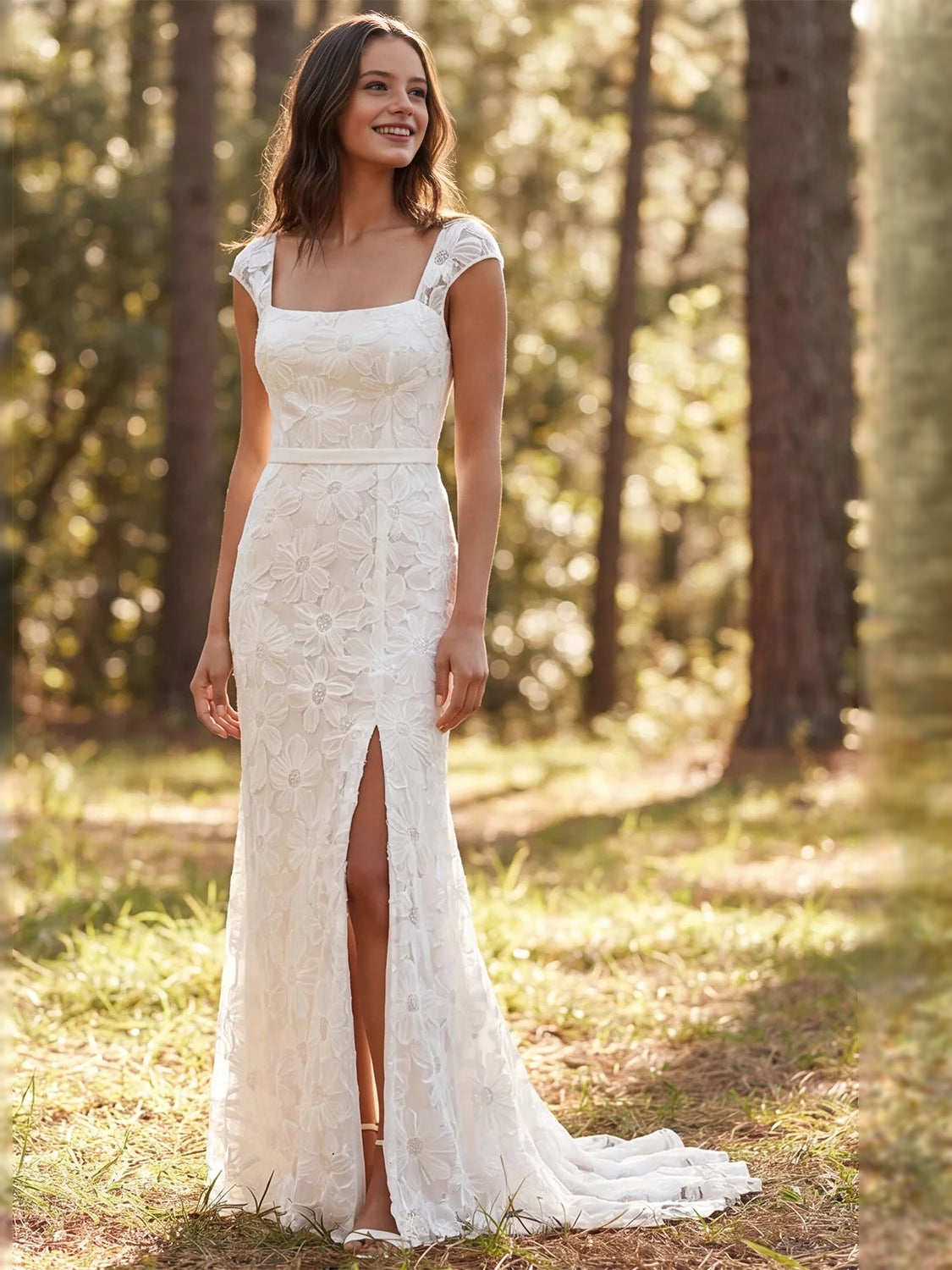 Back-Slit Flower-Applique Floral Slit Square Neck Mermaid Floor-Length Wedding Dress for Estate Wedding