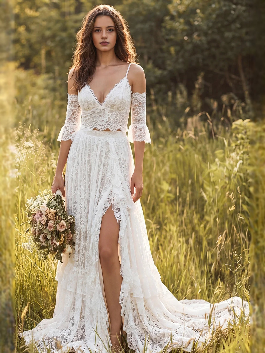 Front-Slit Back-Slit Floral Slit V Neck A-Line Maxi Wedding Dress for Wedding Ceremony