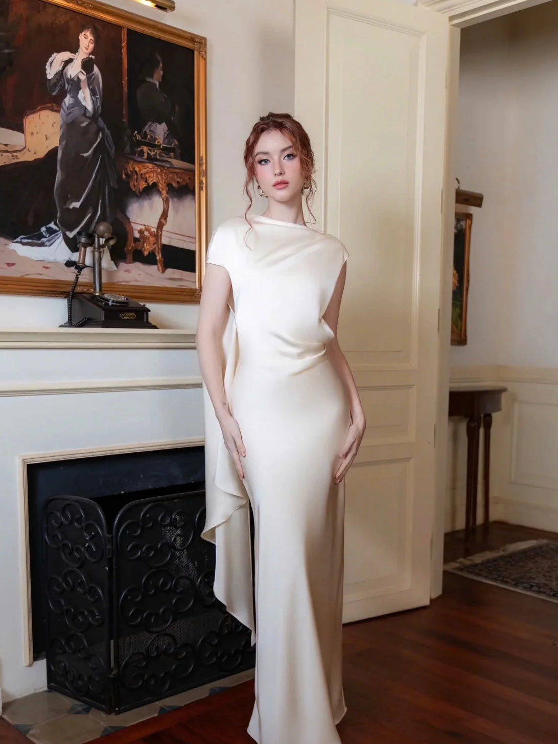 Draped Halter Neck Sheath Midi Satin Wedding Dress for Garden Wedding
