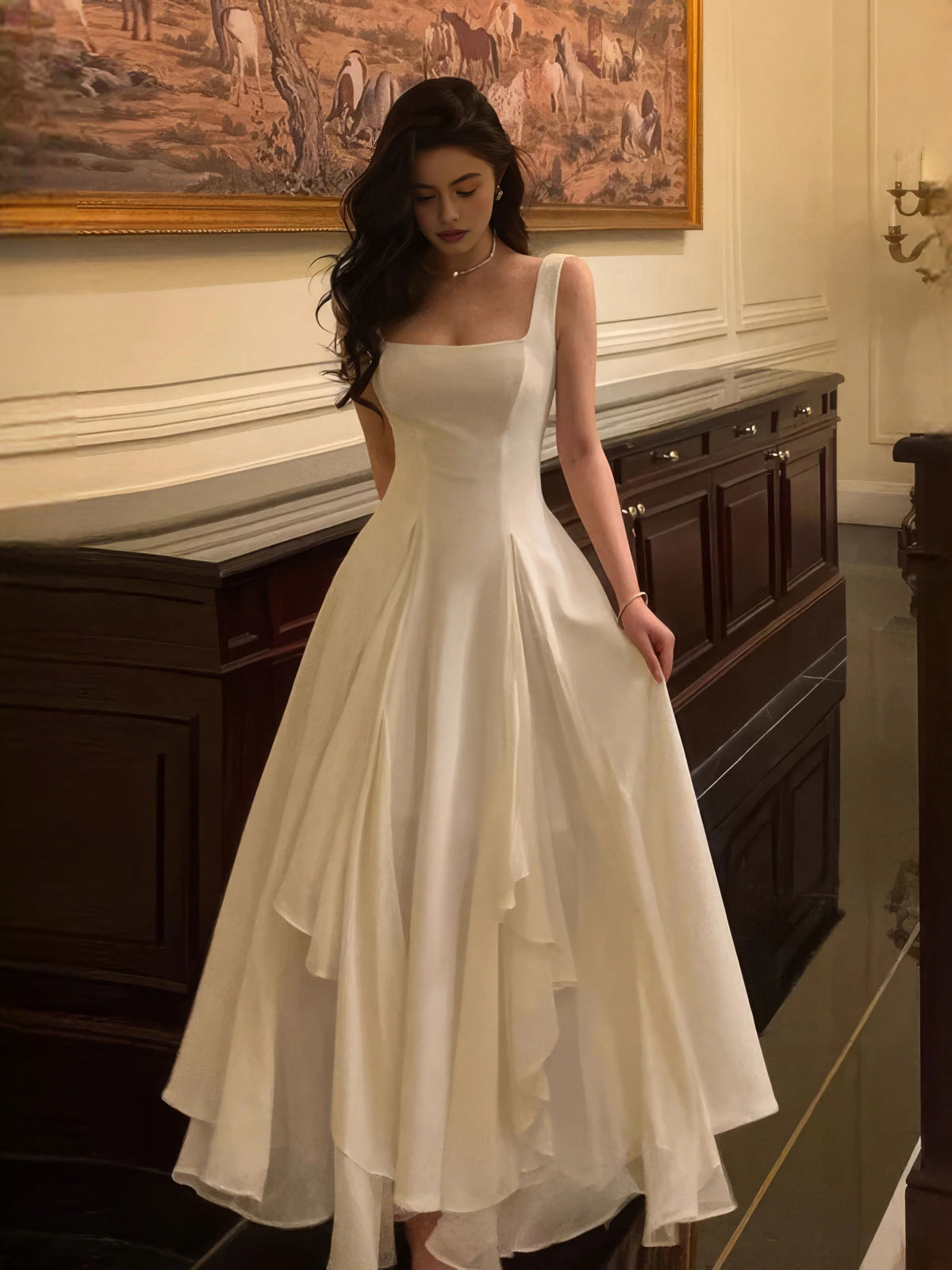 Layered Square Neck A-Line Floor-Length Wedding Dress for Church Wedding