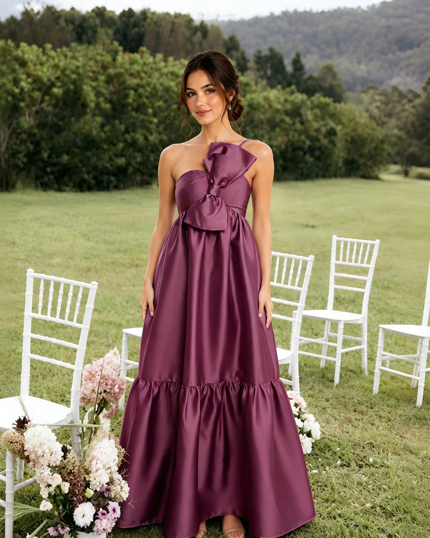One-Shoulder Satin A-Line Bridesmaid Dress with Statement Ruffle