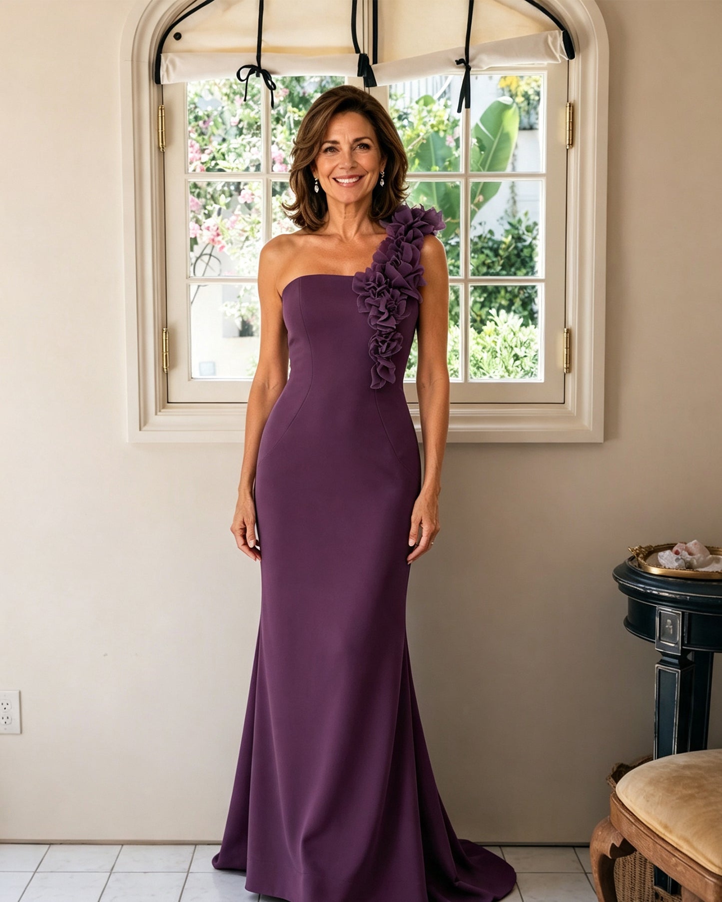 One-Shoulder Floral Applique Mermaid Mother of the Bride Dress