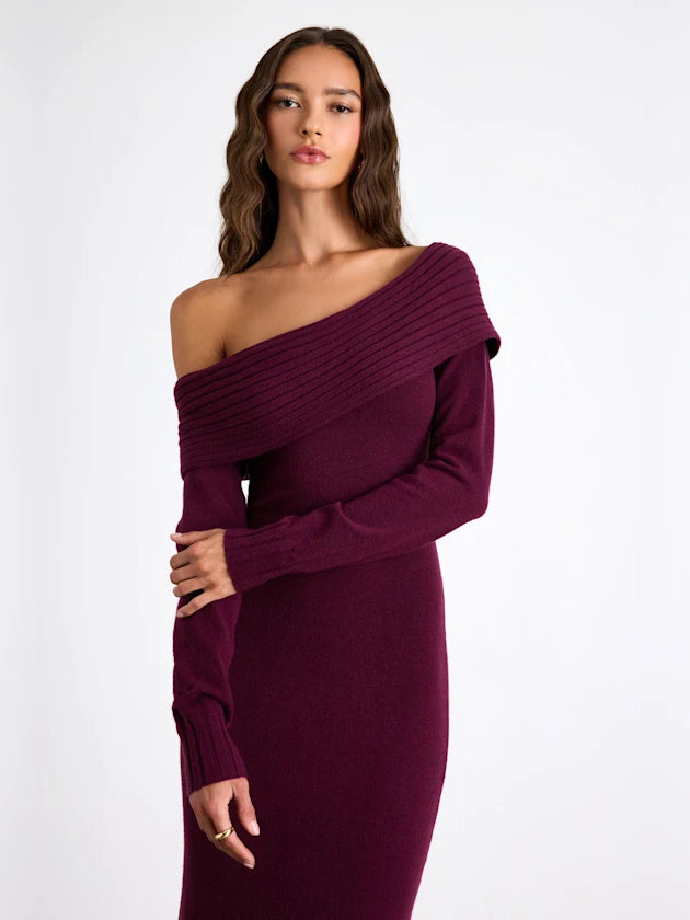 Plum Off-The-Shoulder Long Sleeves Maxi Formal Dress