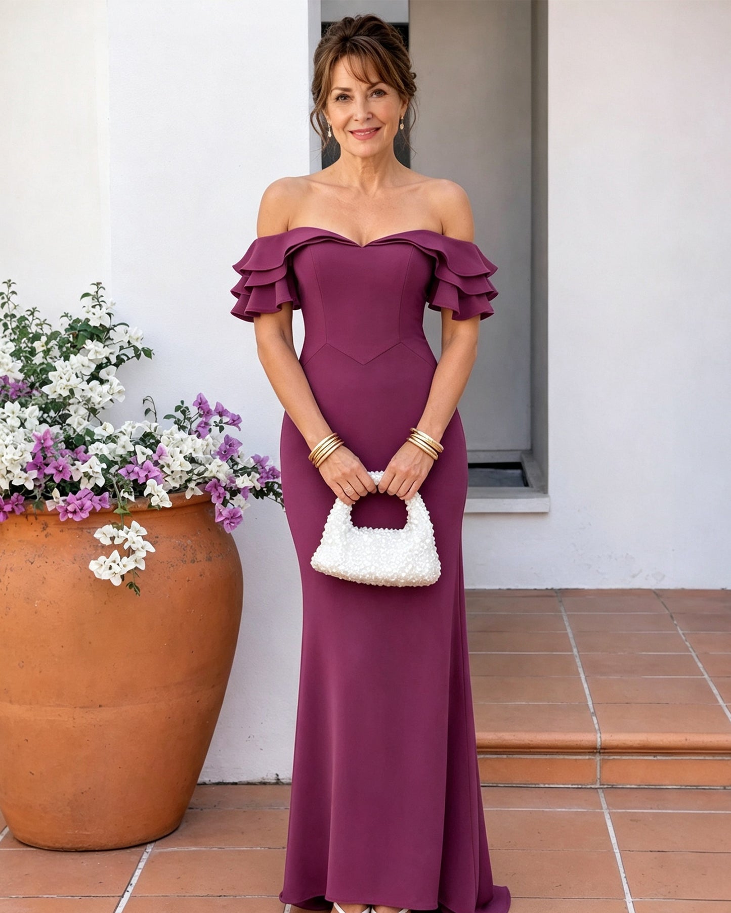 Off-Shoulder Ruffle Sleeve Mermaid Mother of the Bride Dress
