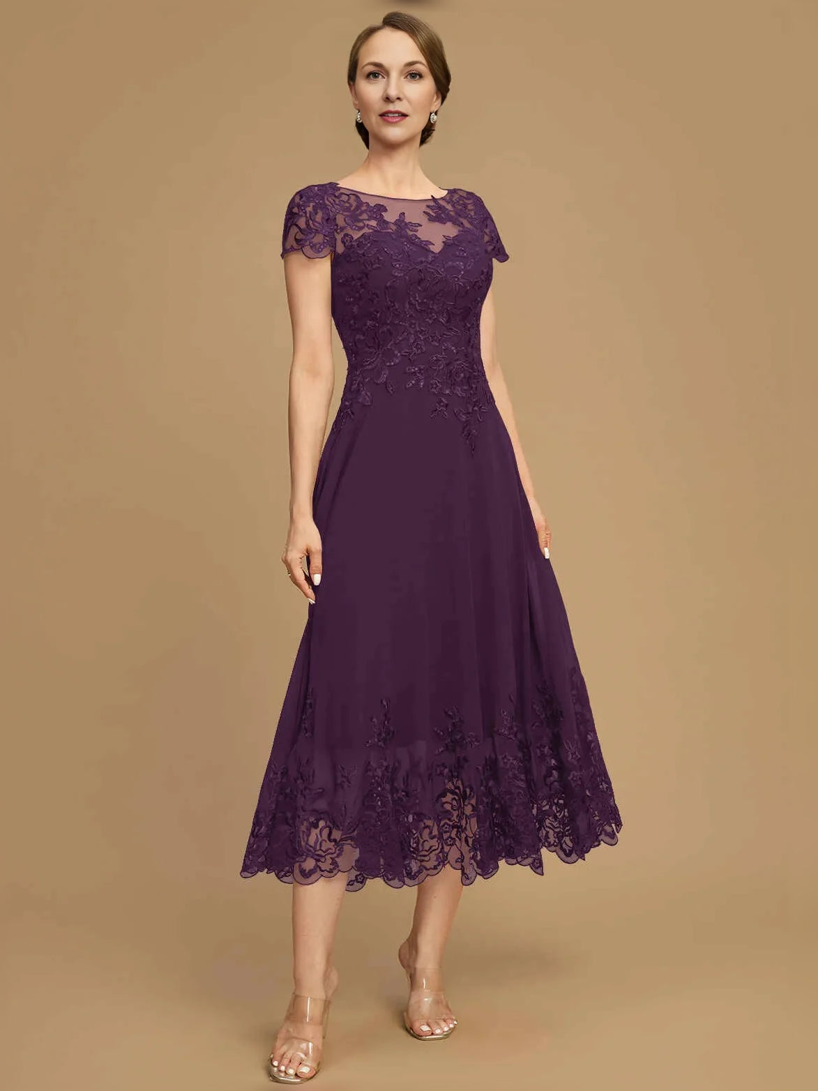 Sequin Boat Neck A-Line Tea-Length Chiffon Mother of the Bride Dress for Vineyard Wedding