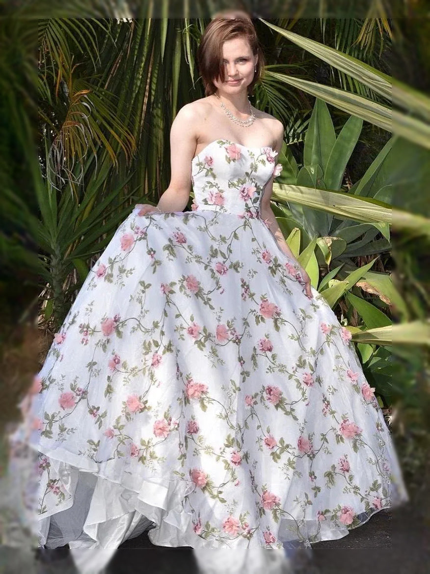 Floral Draped Layered Floral Ruffled Backless Sweetheart A-Line High-Low Tulle Prom Dress for Awards Dinner