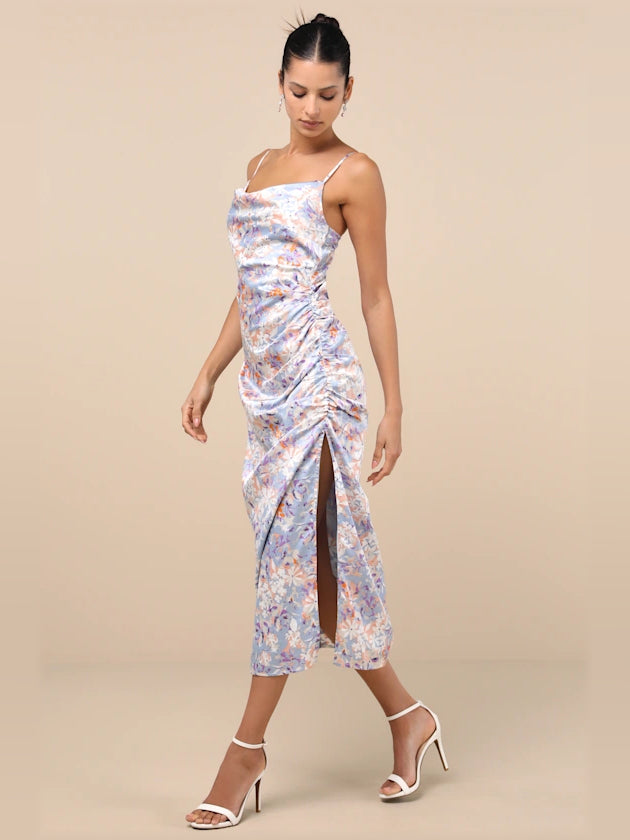 Truest Romance Slate Print Sleeveless Ruched Midi Formal Dress