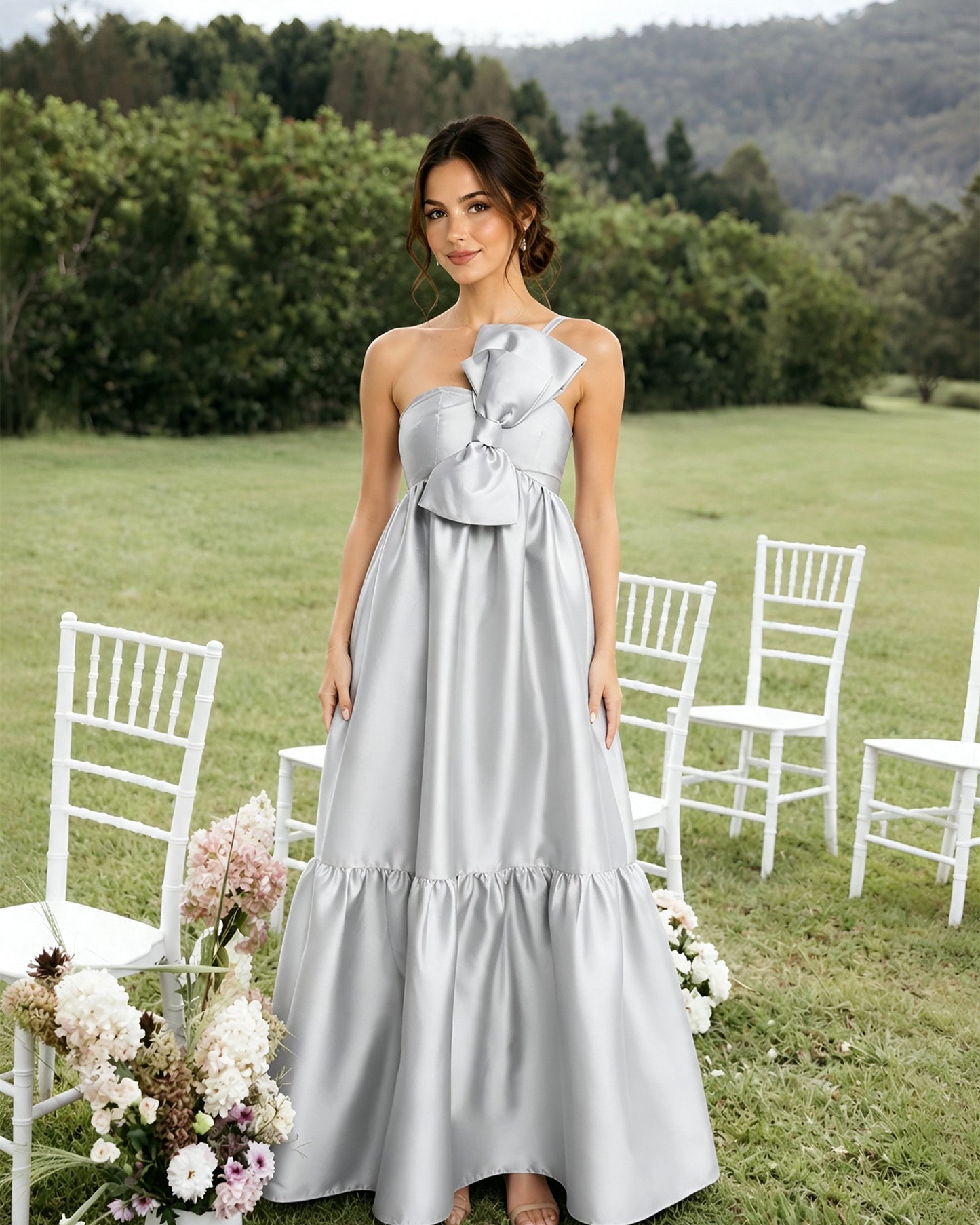 One-Shoulder Satin A-Line Bridesmaid Dress with Statement Ruffle