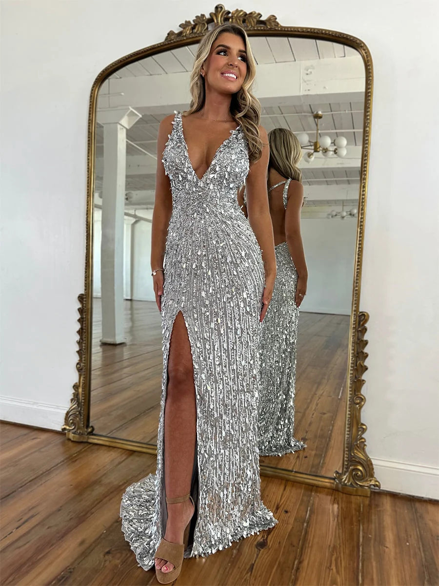 Front-Slit Layered Slit V Neck Mermaid Floor-Length Prom Dress for Awards Dinner