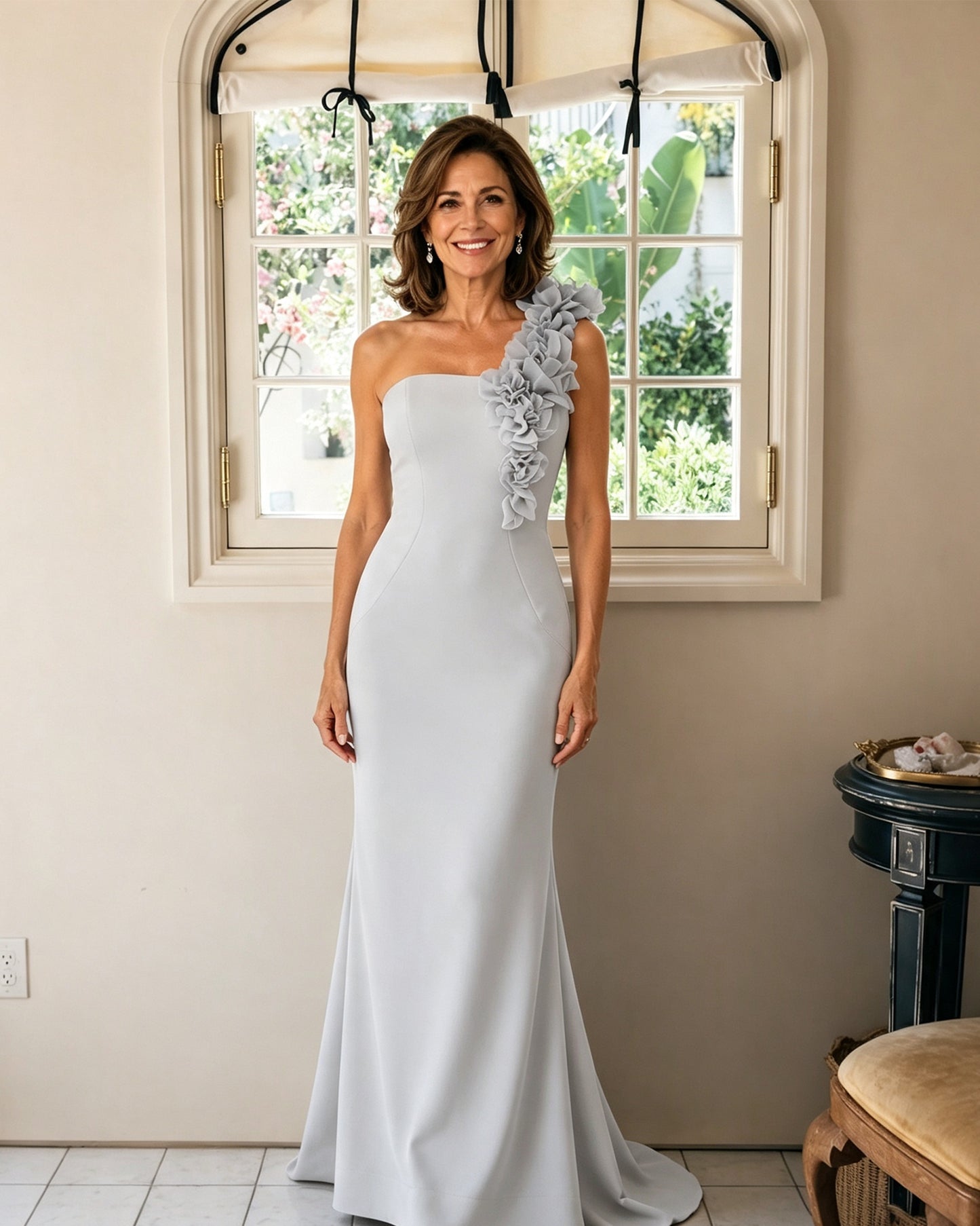 One-Shoulder Floral Applique Mermaid Mother of the Bride Dress