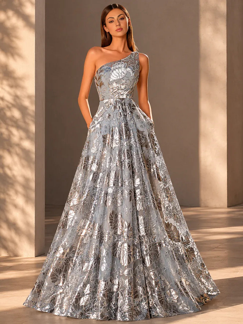 Floral Print One-Shoulder A-Line Floor-Length Formal Dress