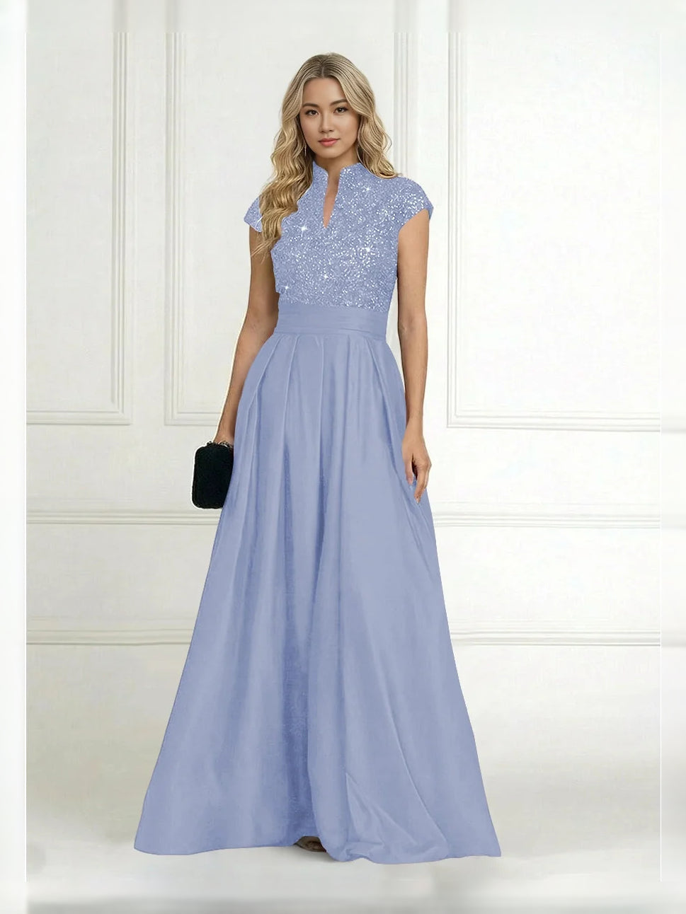 Pleated Sequin High Neck A-Line Floor-Length Satin Mother of the Bride Dress for Ceremony Dinner