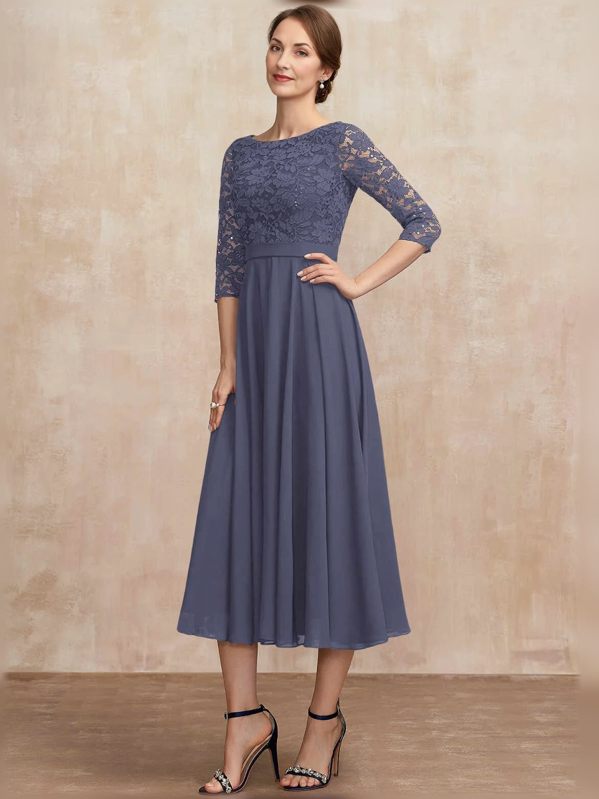 Pleated Sequin Bateau Neck A-Line Midi Chiffon Mother of the Bride Dress for Formal Reception